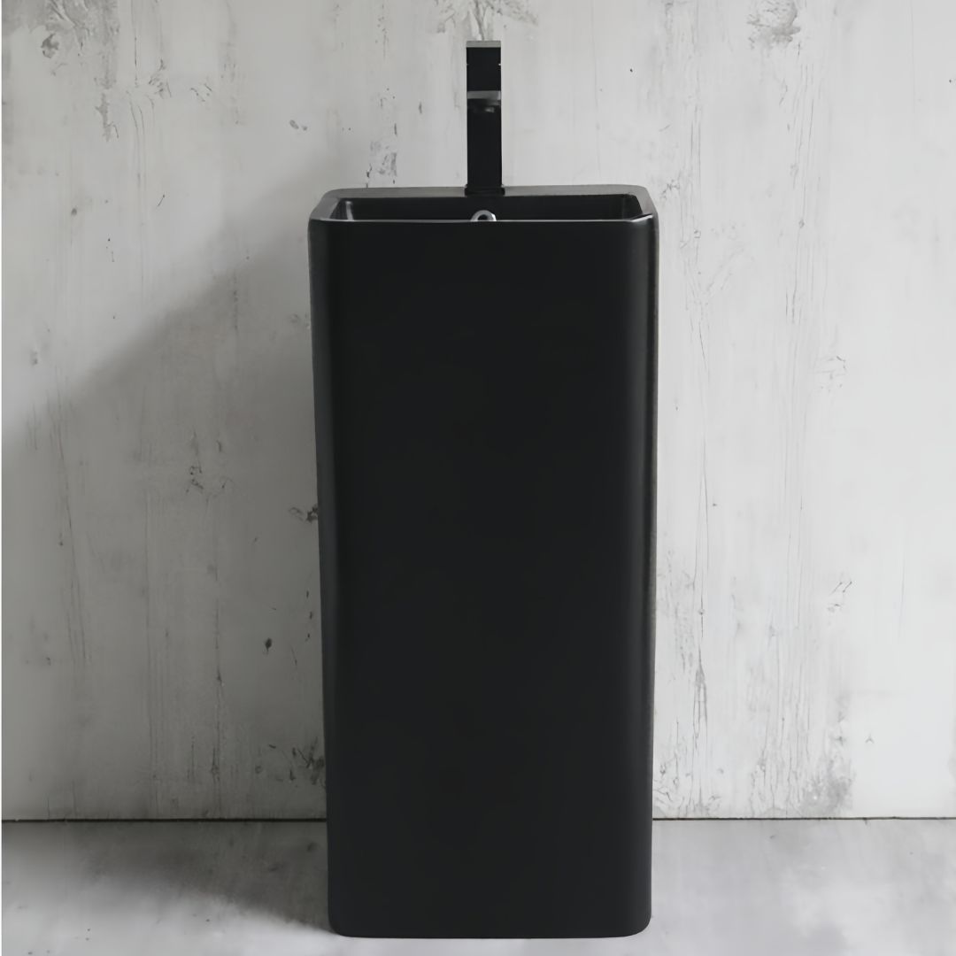 Lavabo Totem noir Carré arrondi : Lavabo sur pied noir moderne avec vasque carrée arrondie