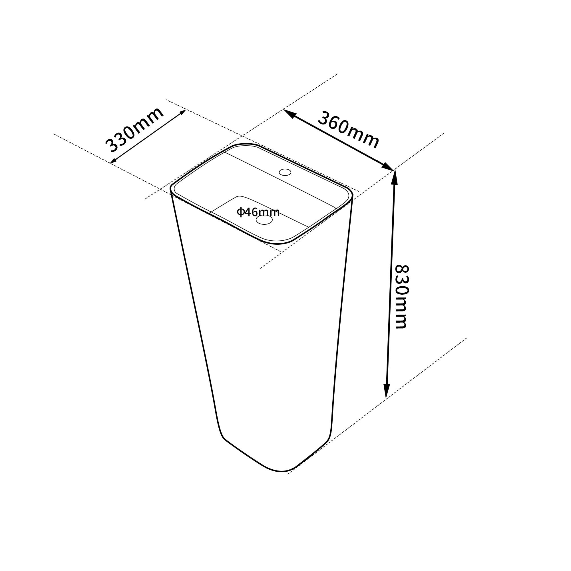 Lavabo Totem Blanc Carré : Lavabo sur pied carré blanc moderne, 330x360x830mm, avec bonde de 46mm de diamètre.