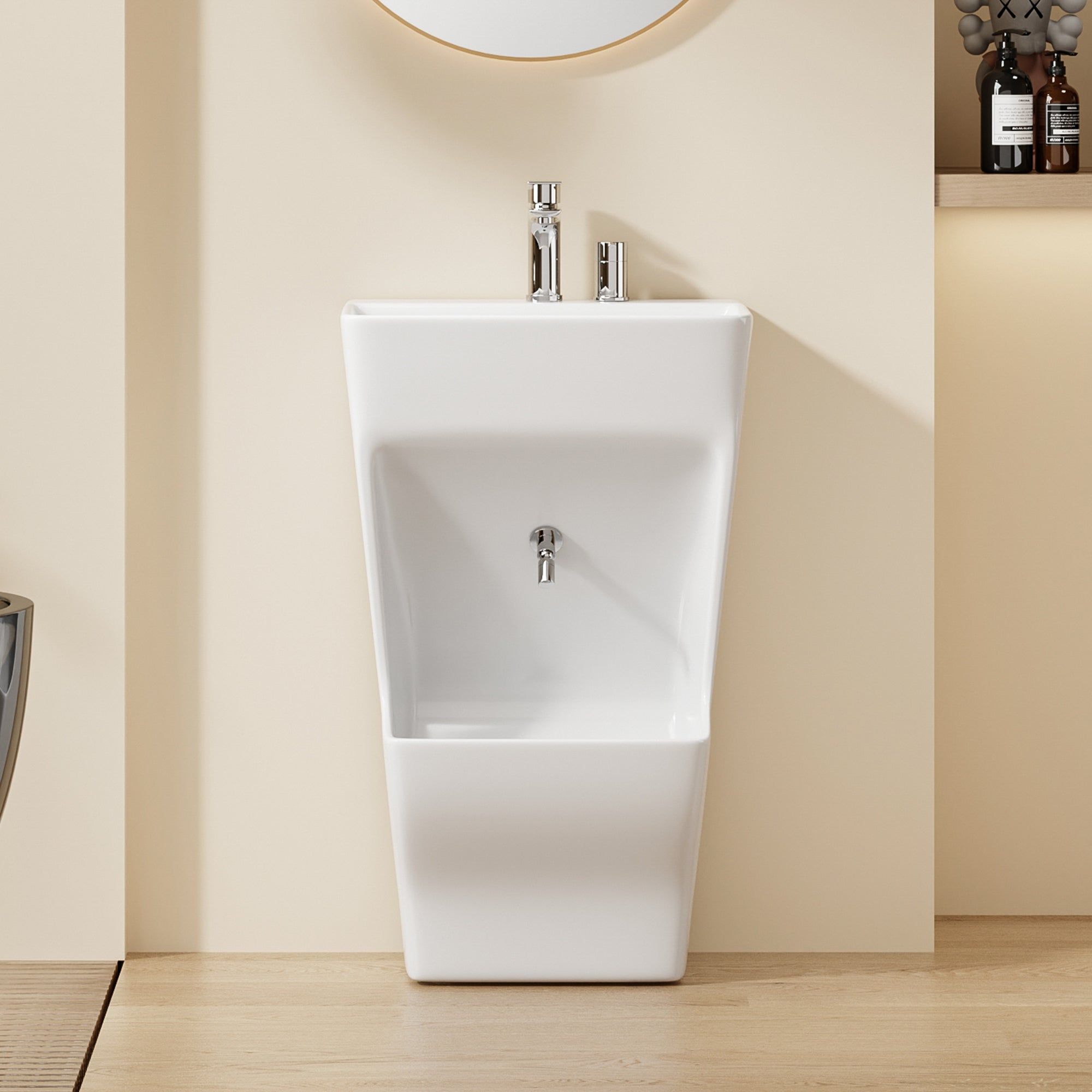 Lavabo d'ablutions Tunis design rectangulaire blanc, robinetterie chromée, idéal pour salle de bain moderne.