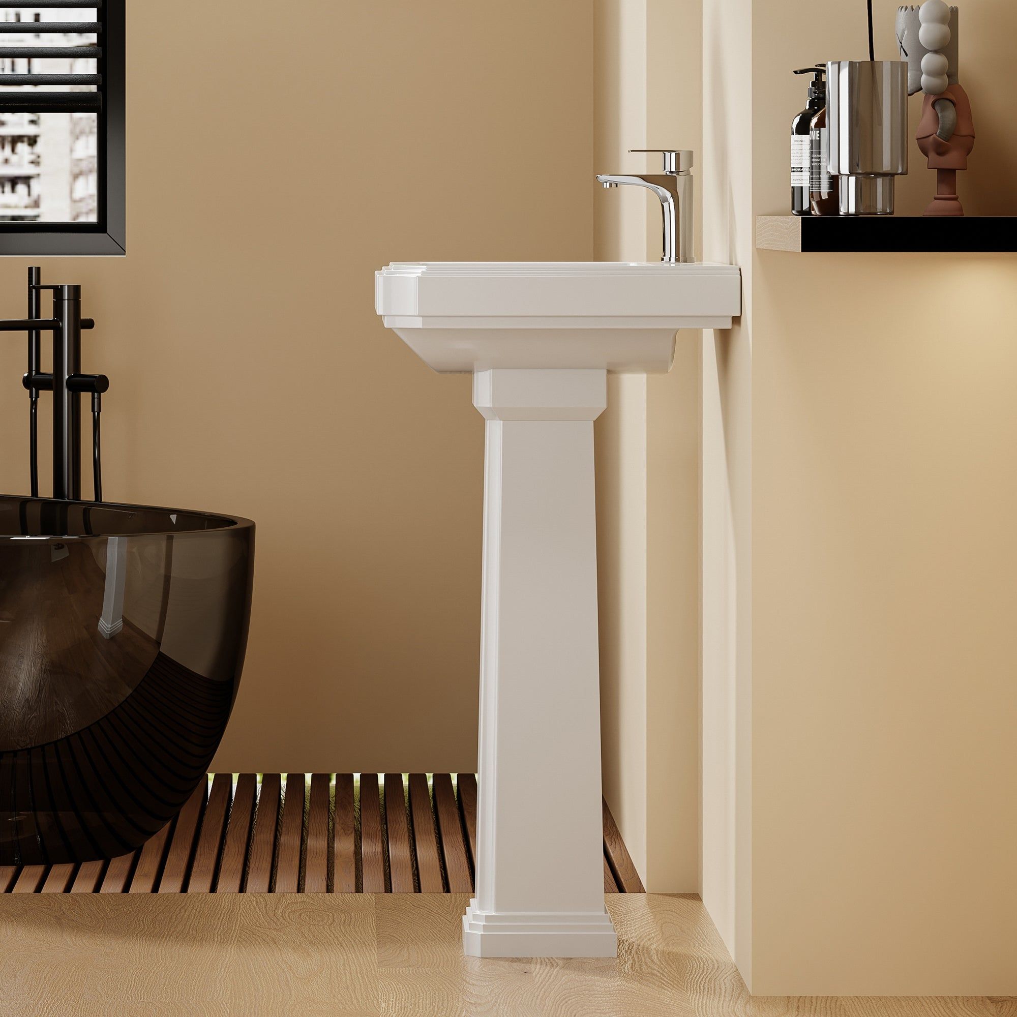 Lavabo colonne sur pied Chelsea Retro Blanc : élégant lavabo blanc sur colonne dans une salle de bain moderne