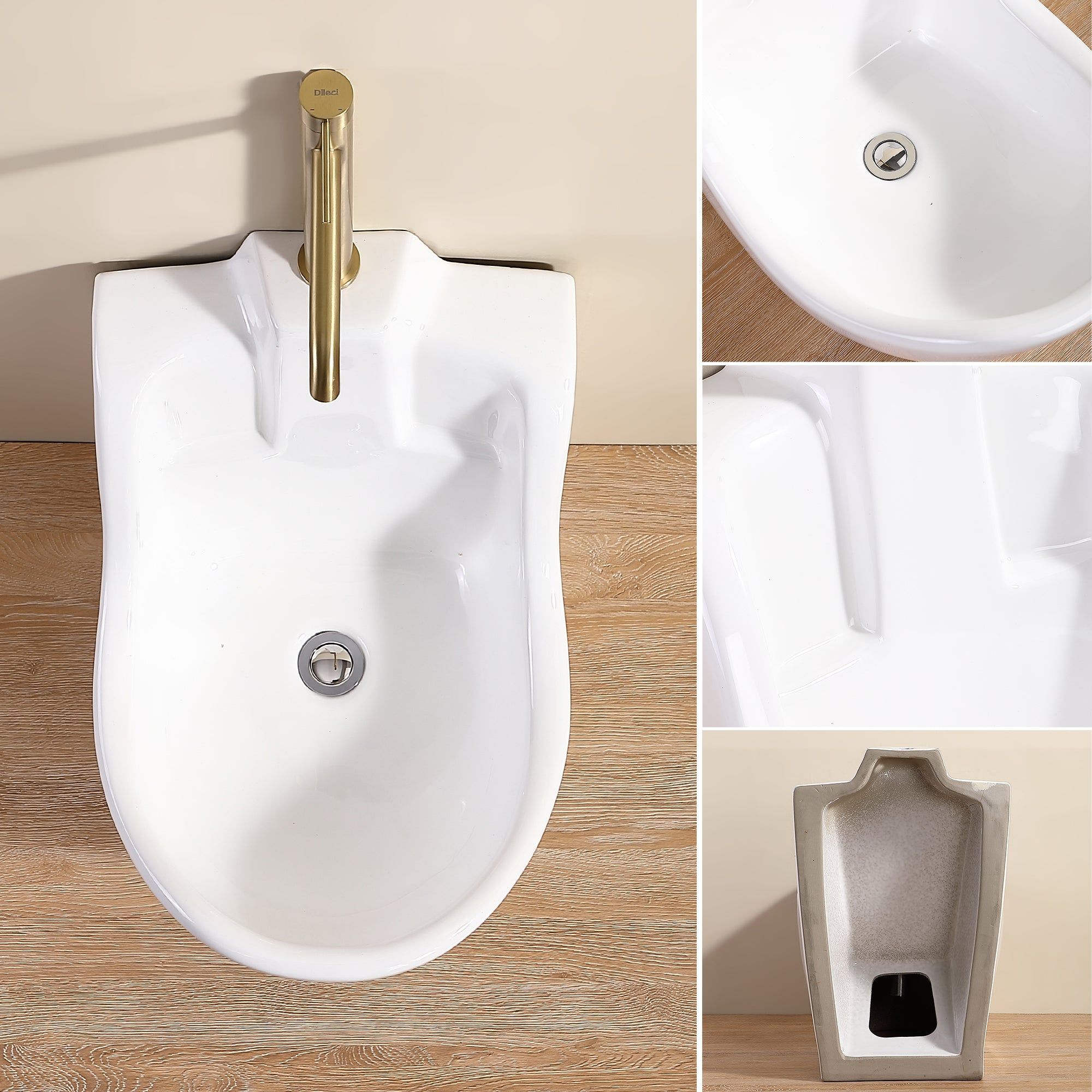 Bassin d'ablution Oran : Lavabo mural en céramique blanche parfait pour les ablutions, doté d'un robinet doré.