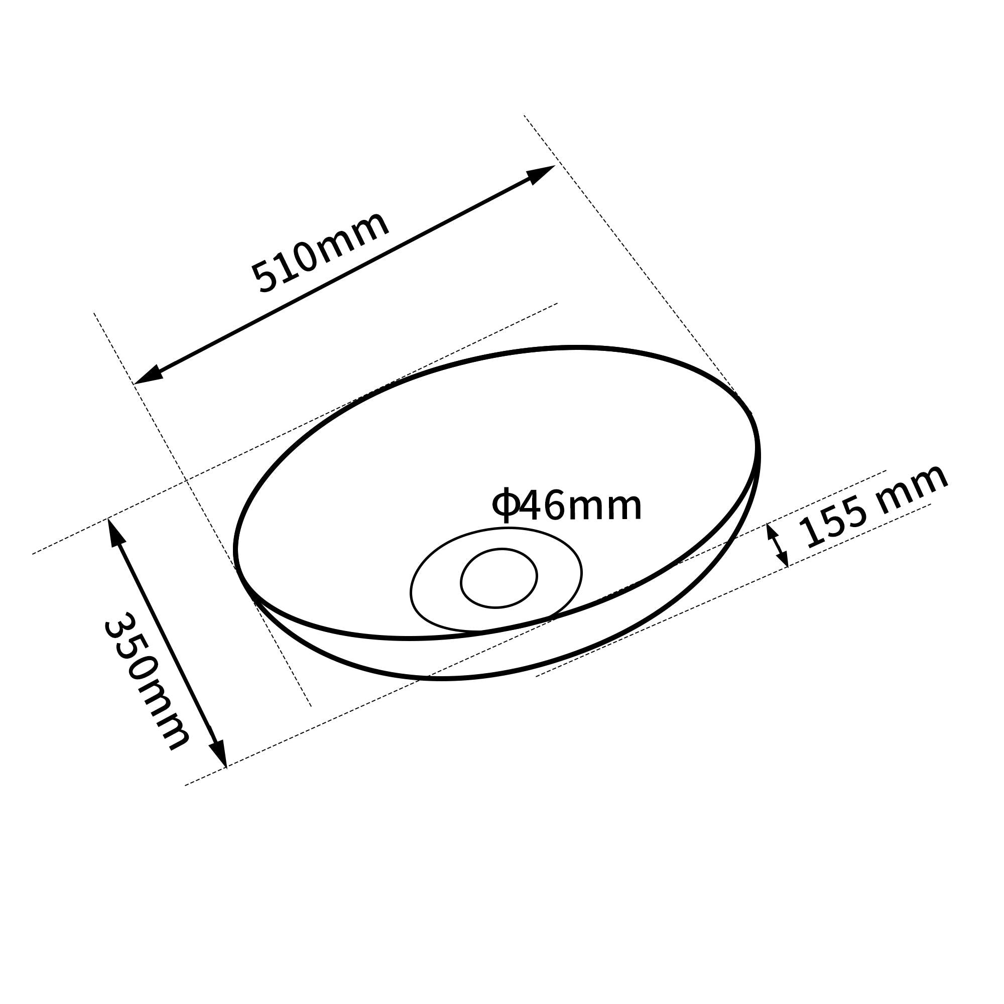 Lavabo ovale en verre, 51x35x15,5cm, avec verre texturé et ouverture de vidange de 46mm.