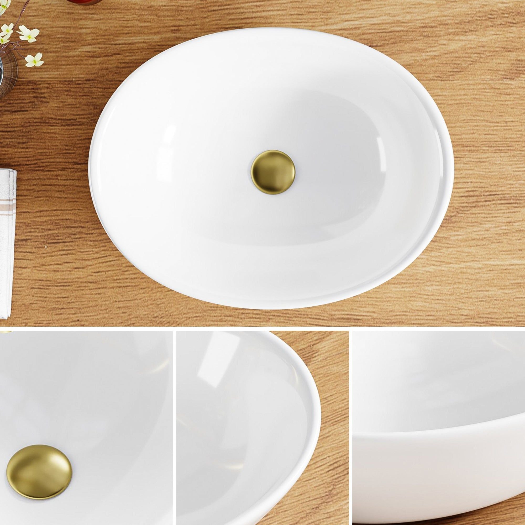 Lavabo de salle de bain ovale en céramique blanche (41,5 x 33,5 cm) avec bonde dorée