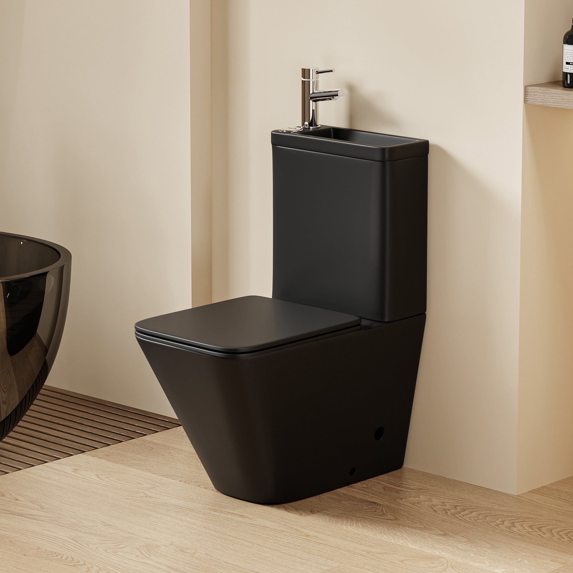 WC 2 en 1 noir - Design carré : Toilettes modernes noires épurées avec lavabo intégré, salle de bain contemporaine.