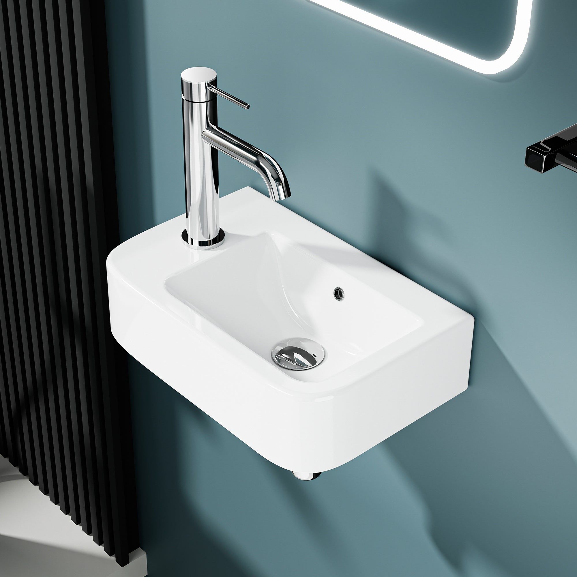 Lave-mains murale compacte en céramique blanche avec robinet, taille 37*24,5 cm, sortie gauche.