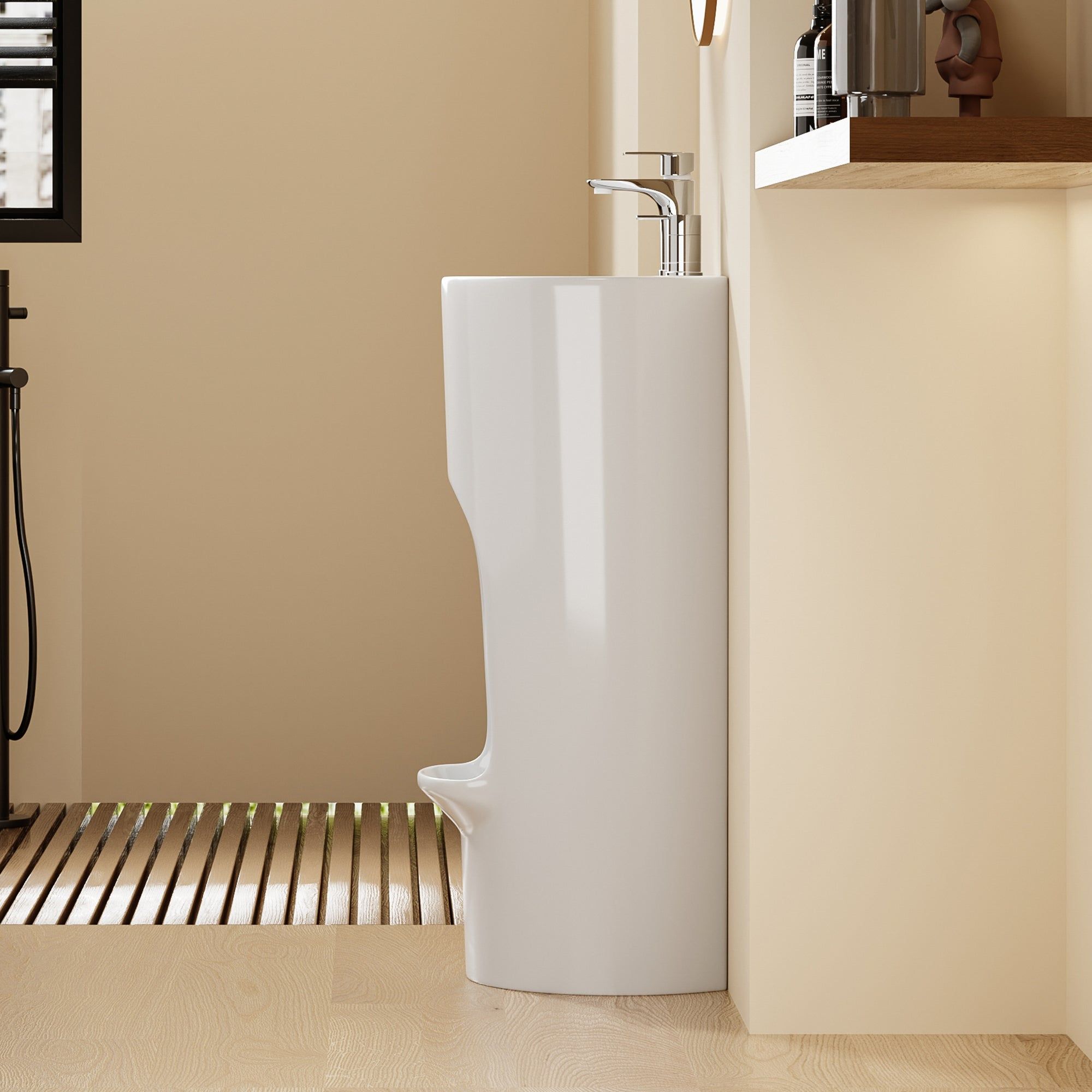 Lavabo sur pied Riyad : Lavabo blanc moderne, rond et minimaliste avec robinetterie chromée. Design contemporain.