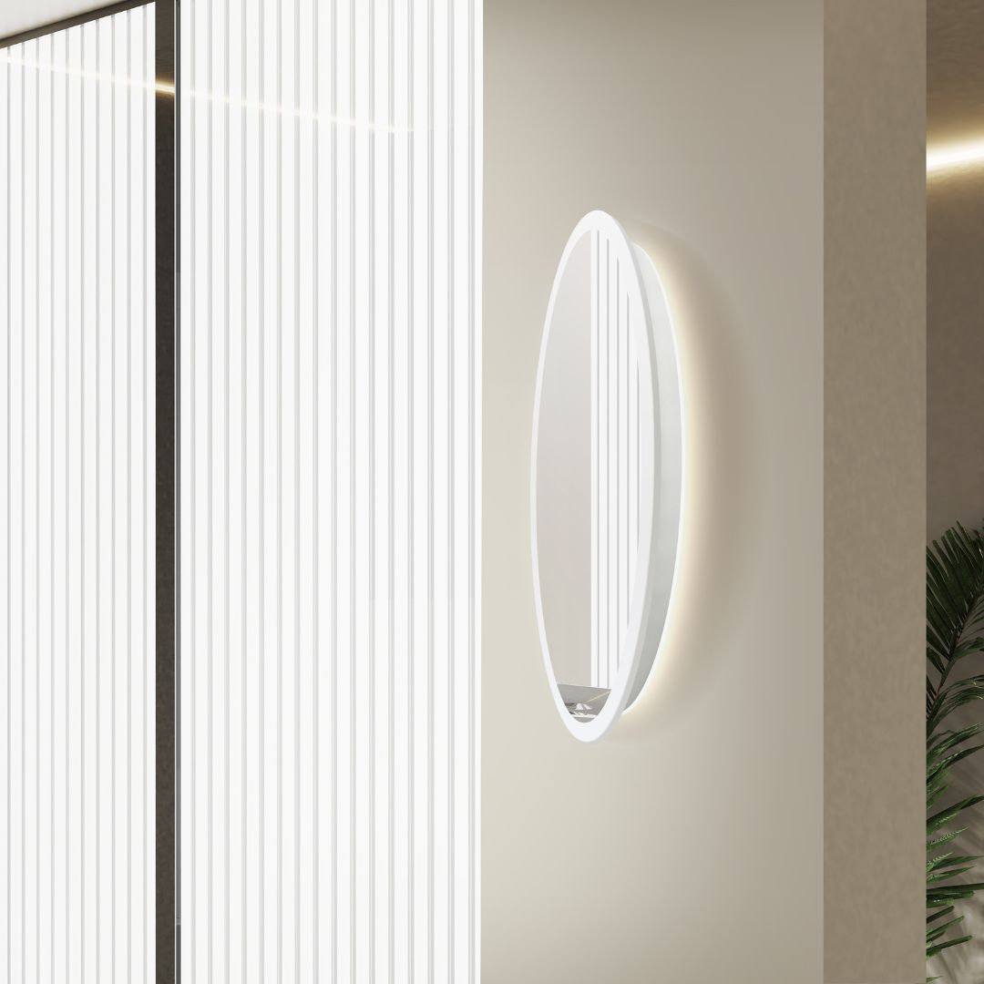 Miroir LED rond ⌀50cm : Miroir LED rond blanc moderne avec bords givrés, parfait pour la salle de bain ou le couloir.