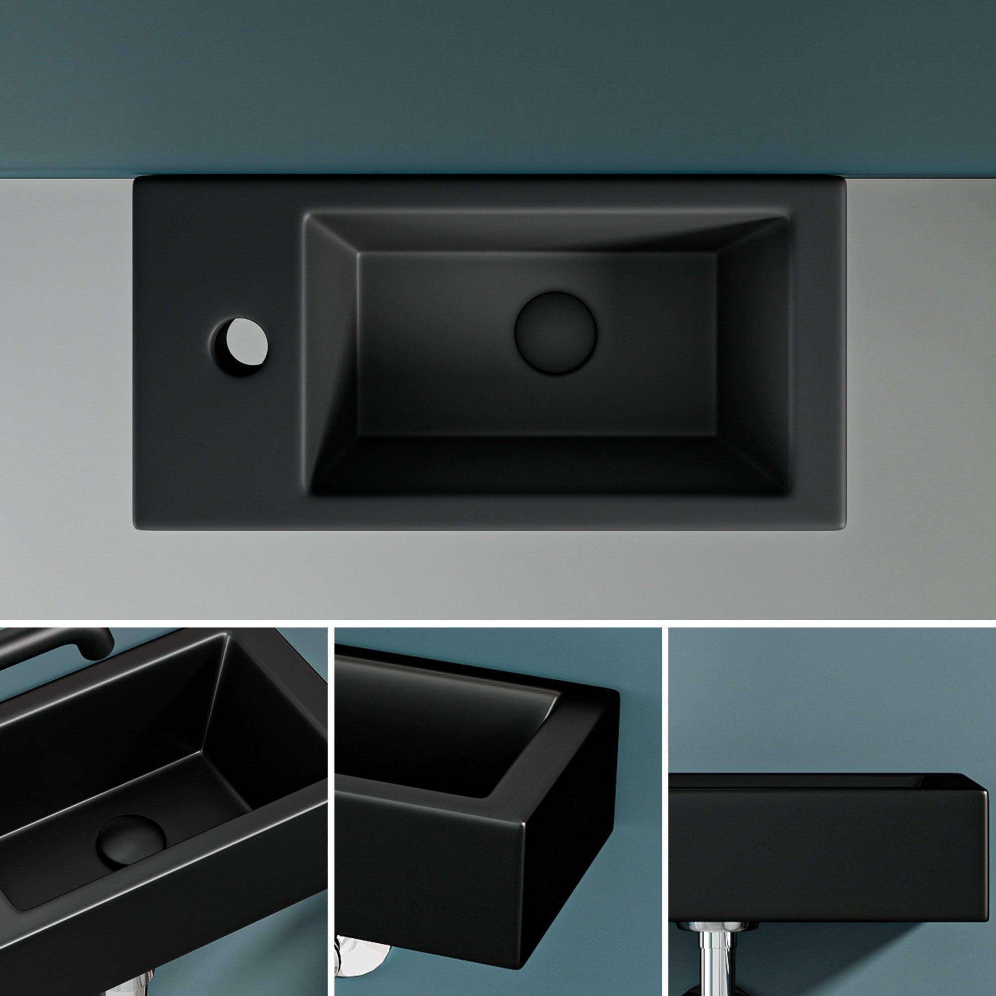 Lavabo mural noir mat (36,5 x 18 x 9 cm), design moderne pour salle de bain. Bonde à gauche.