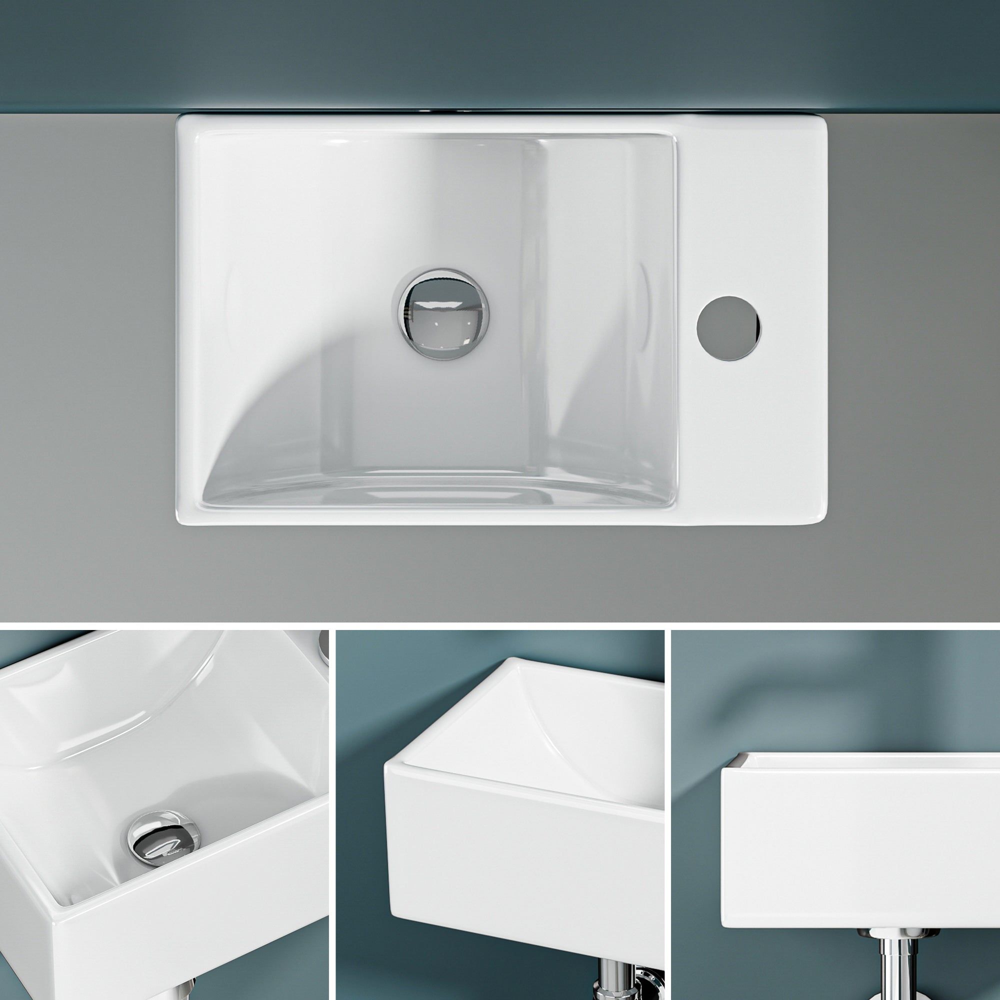 Mini lave-mains blanc sortie droite : Évier mural compact blanc (30x19x11cm) avec vidage à droite.