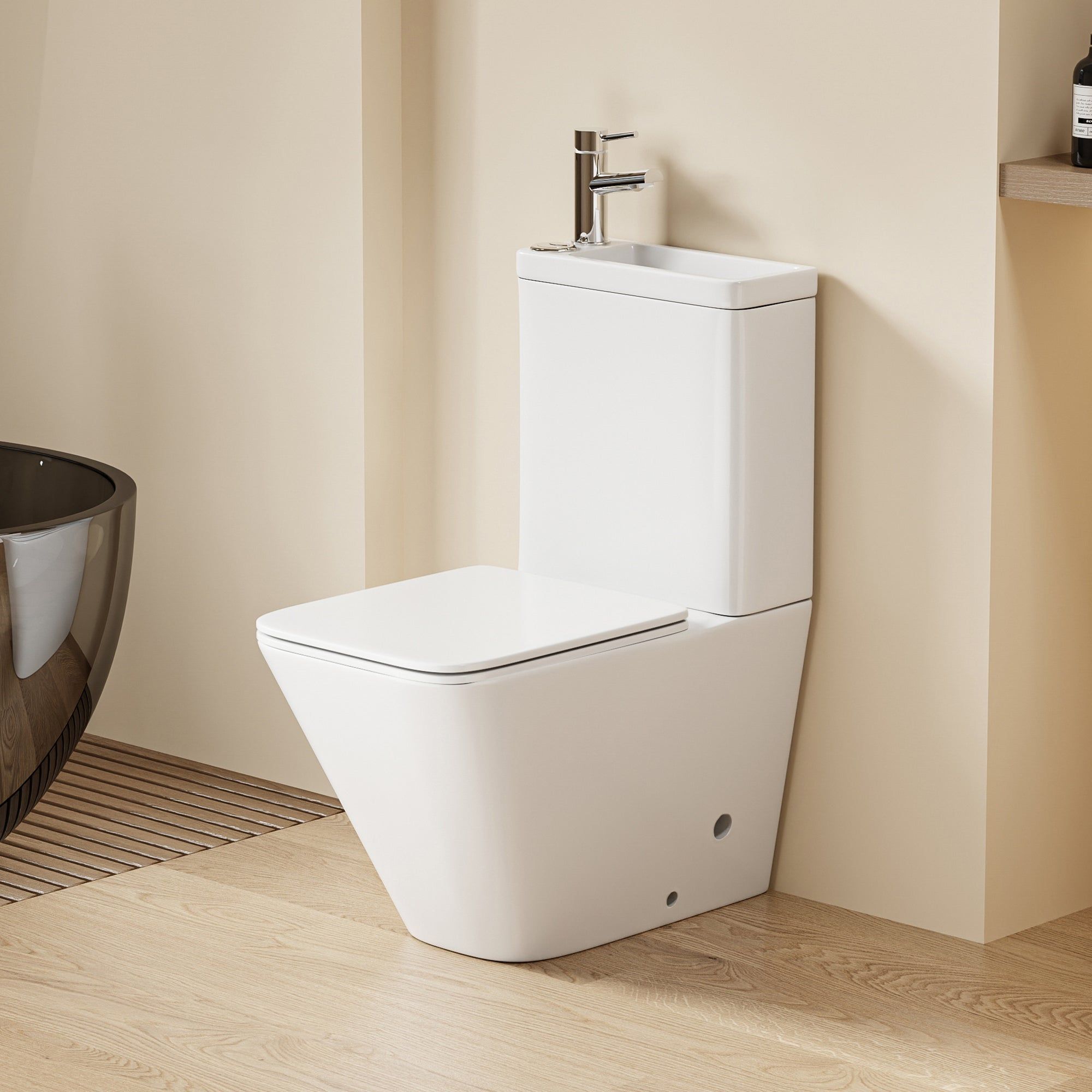 WC 2 en 1 Blanc - Combiné WC et lavabo blanc peu encombrant, design carré