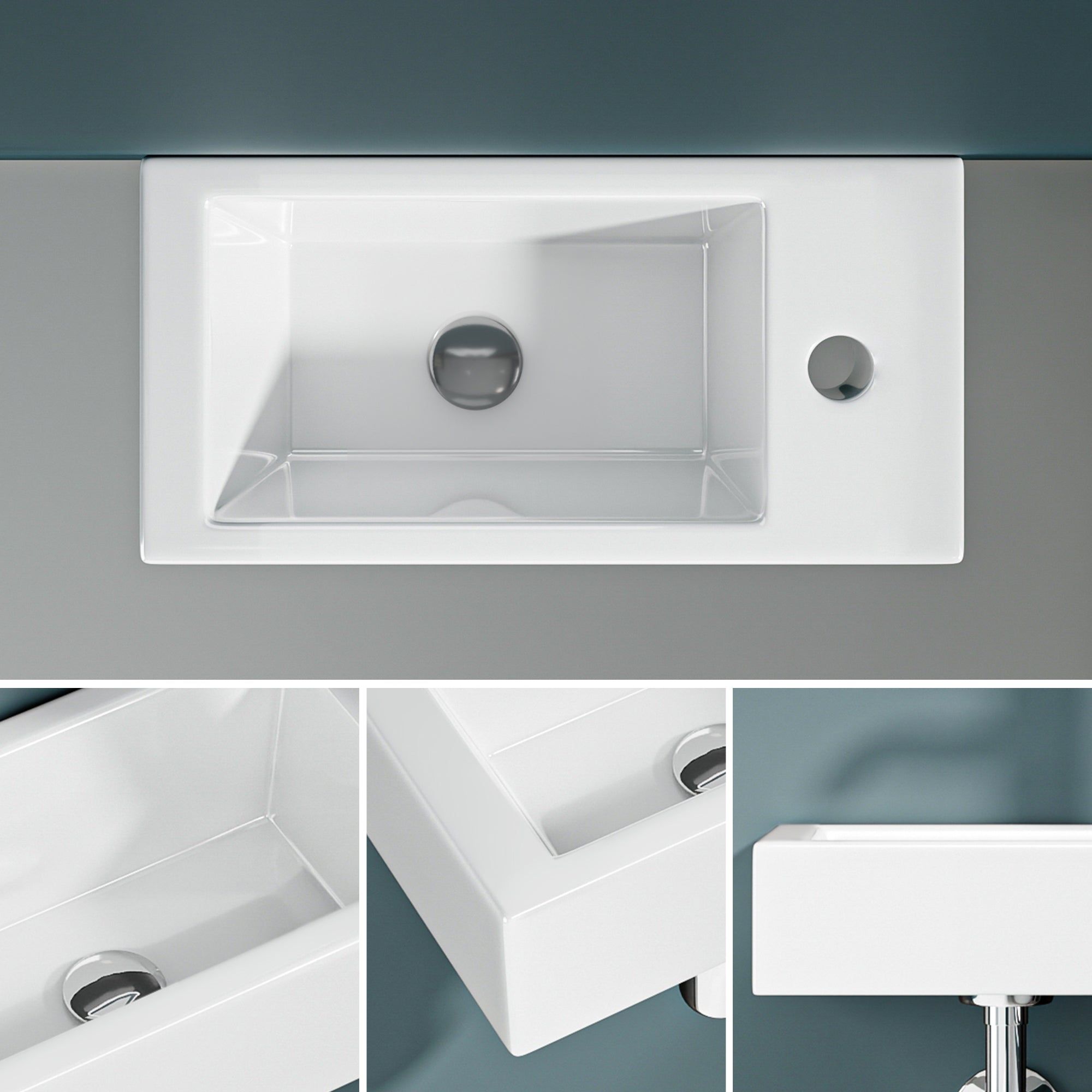 Vasque lave-mains sortie droite : 36,5x18x9cm lavabo mural en céramique blanche avec trou pour robinetterie simple