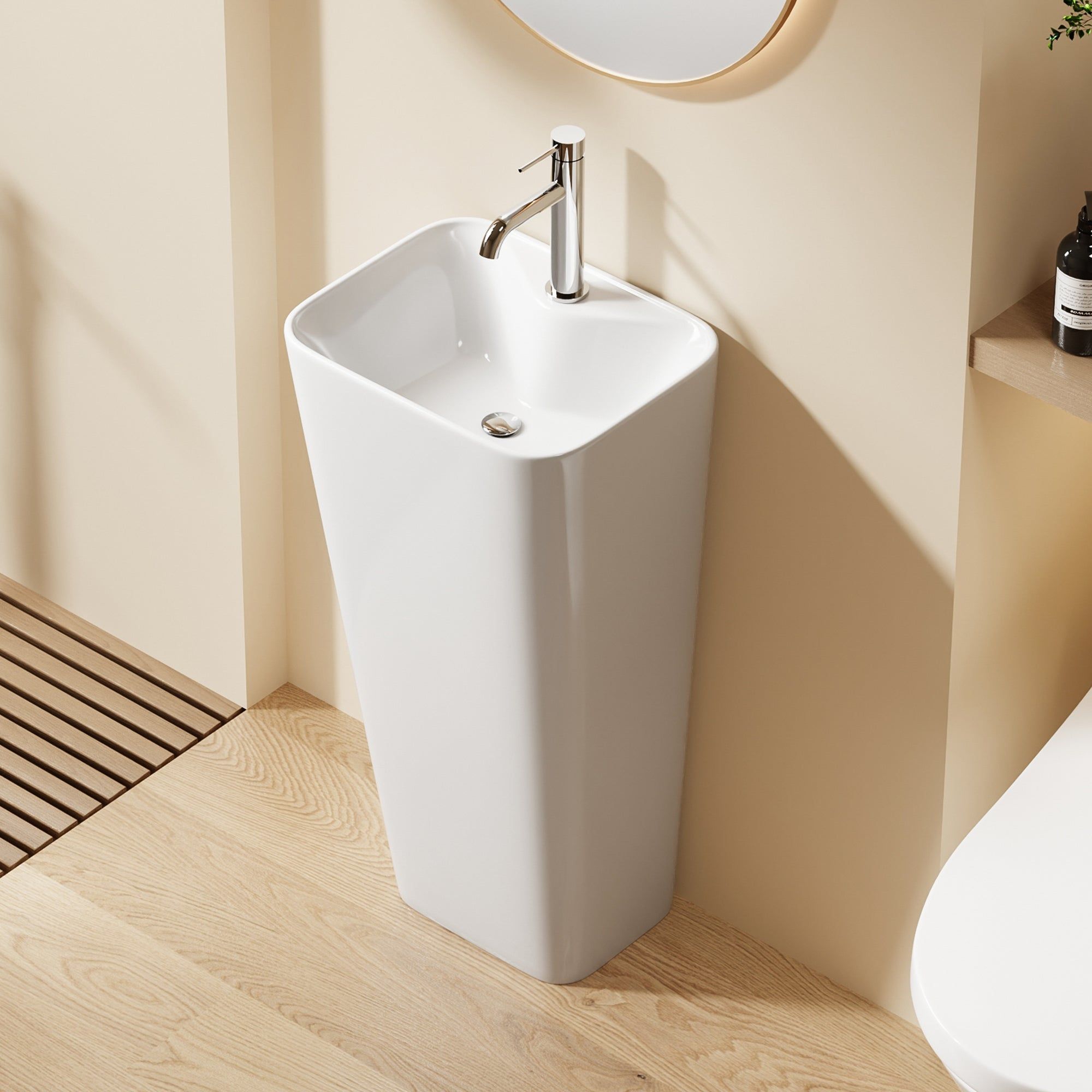 Lavabo Totem Blanc Rectangulaire et Fin : Lavabo autoportant en céramique blanche, élégant et moderne, avec robinet chromé.