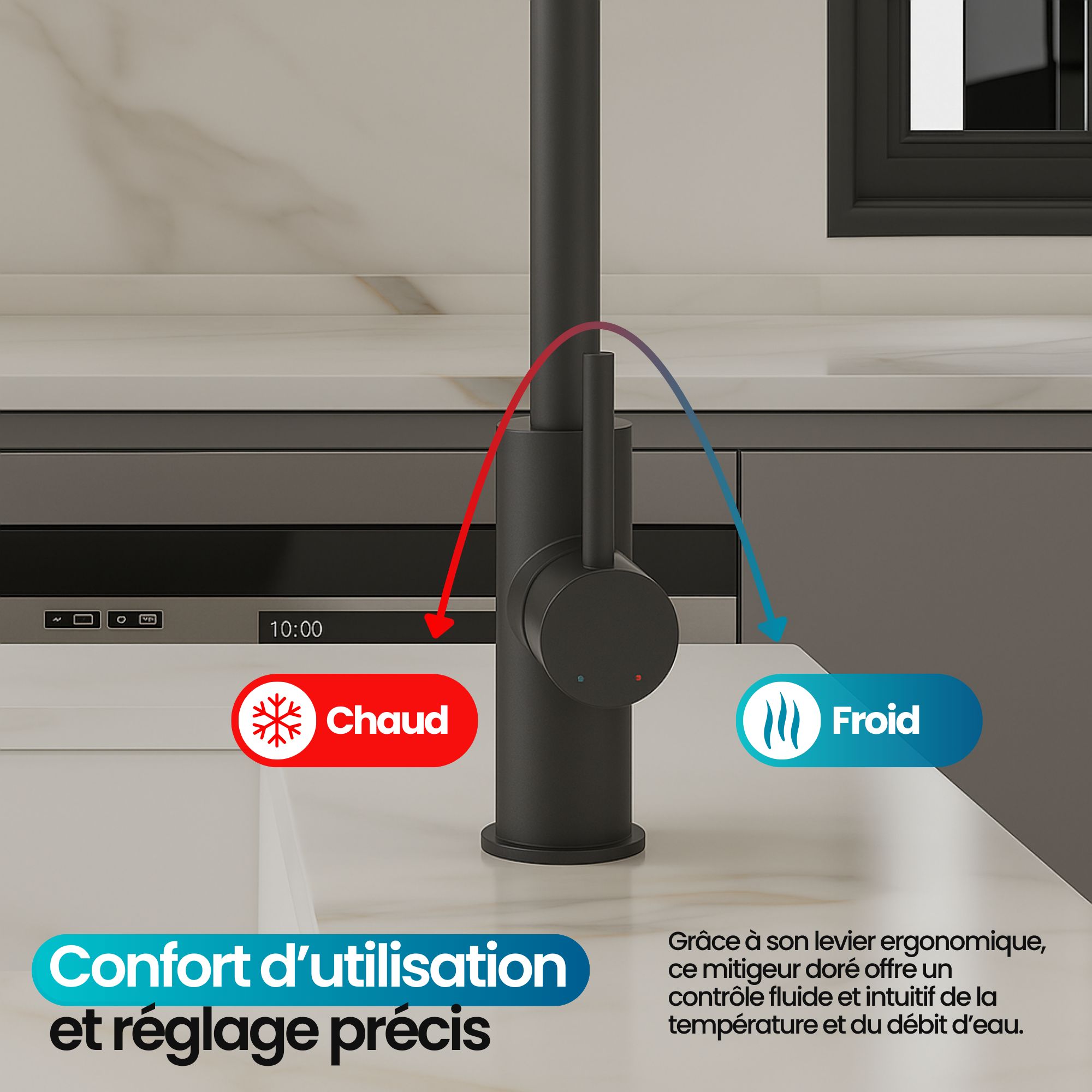 Robinet de cuisine noir mat: mitigeur élégant à levier ergonomique pour un contrôle précis de la température et du débit d'eau.