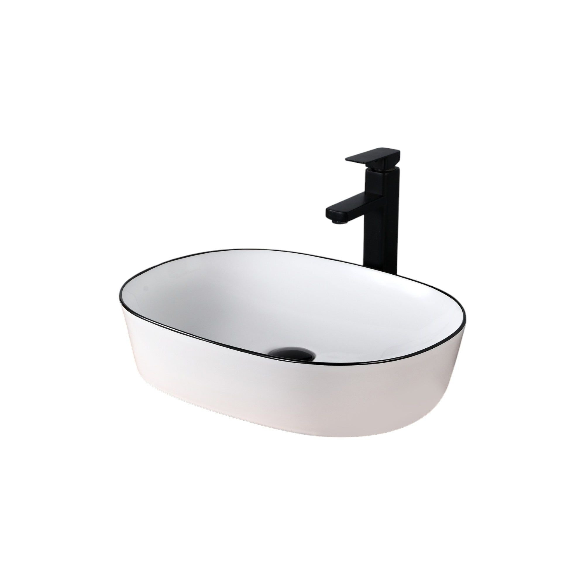 Vasque à poser ronde ovale blanche avec liseré noir et robinet noir.