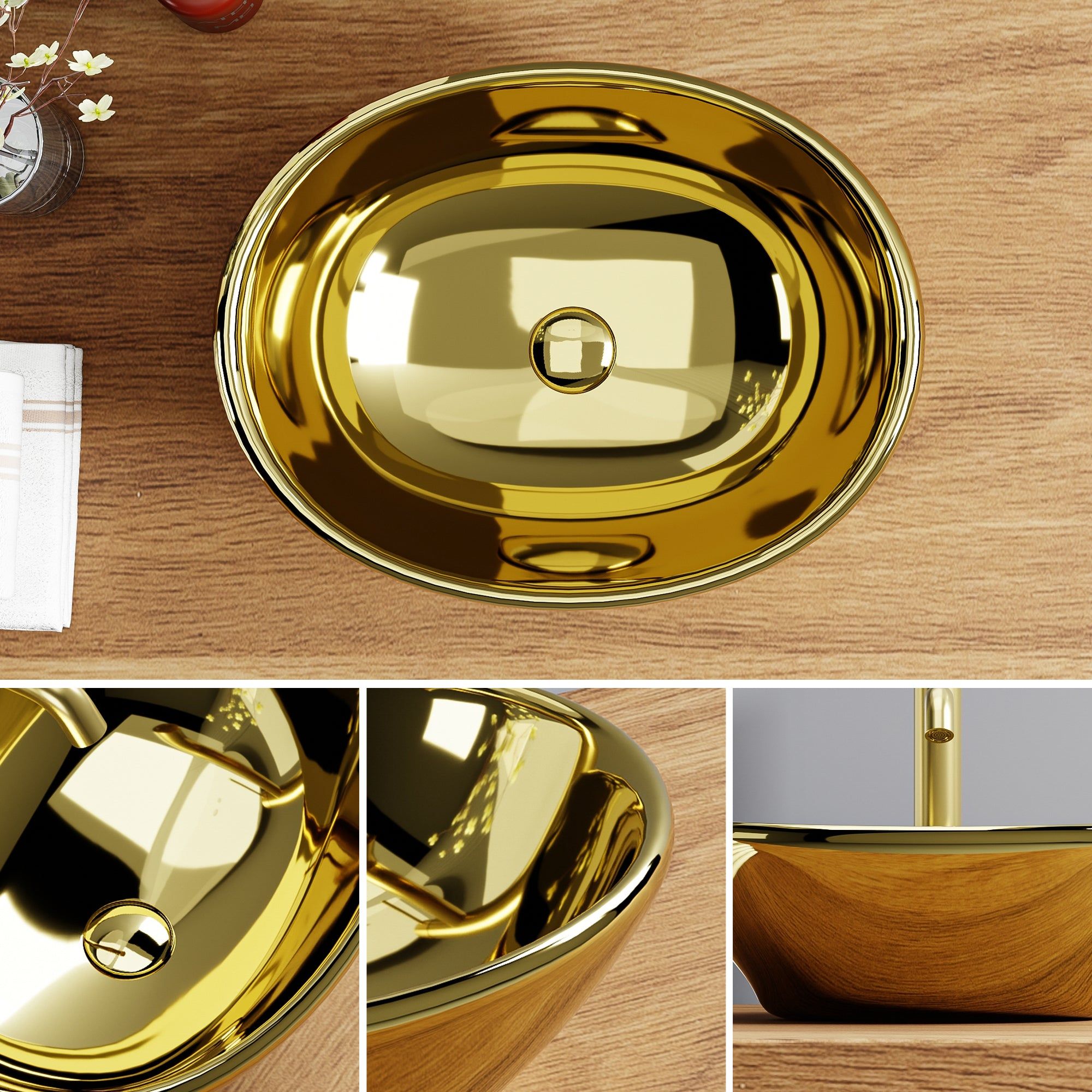 Lavabo ovale doré (41,5 x 33,5 cm) : Lavabo de salle de bain moderne avec finition dorée brillante et polie.