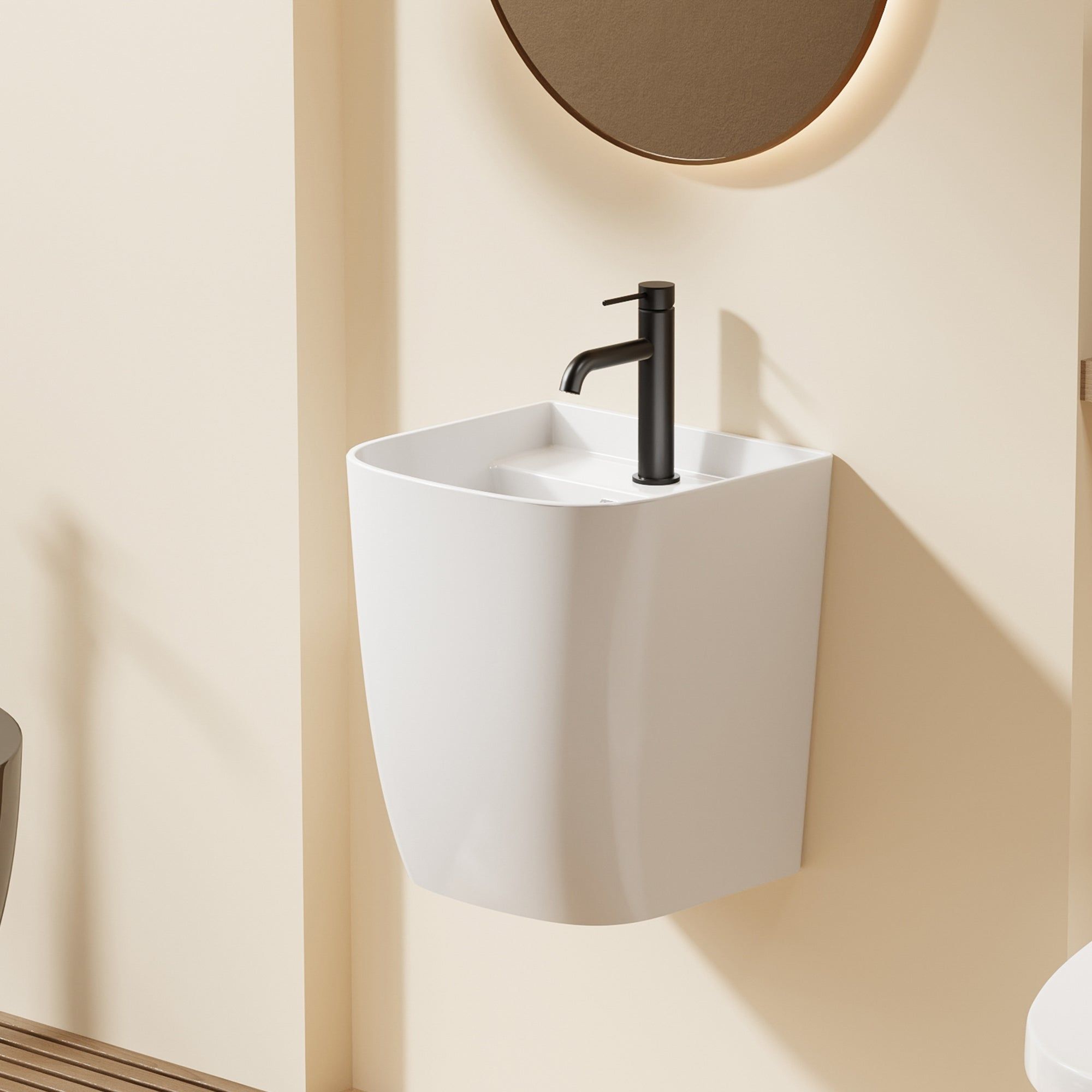 Lavabo mural blanc : Lavabo mural moderne en céramique blanche (38x40x45cm) avec robinet noir