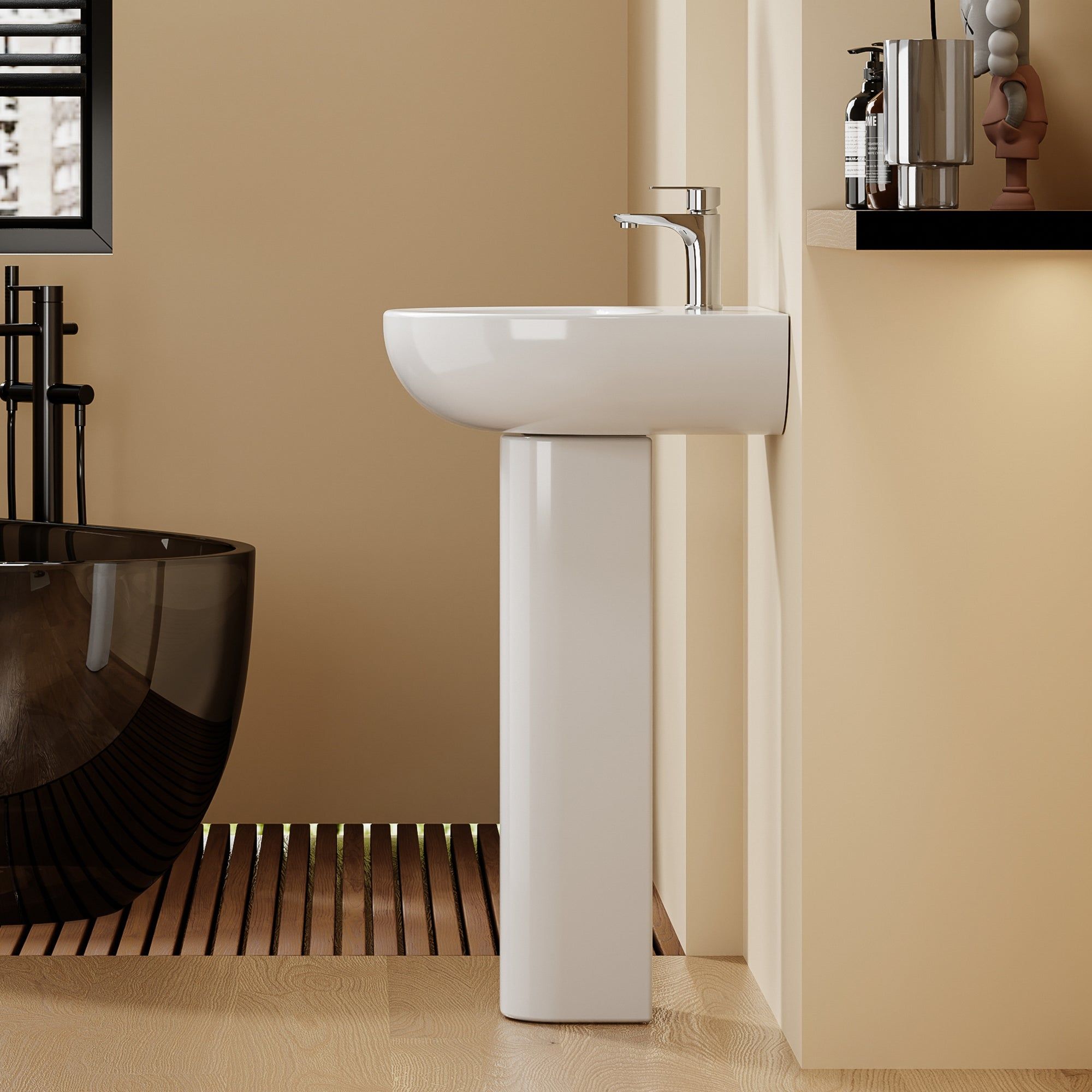 Lavabo sur pied colonne en céramique blanche au design arrondi moderne