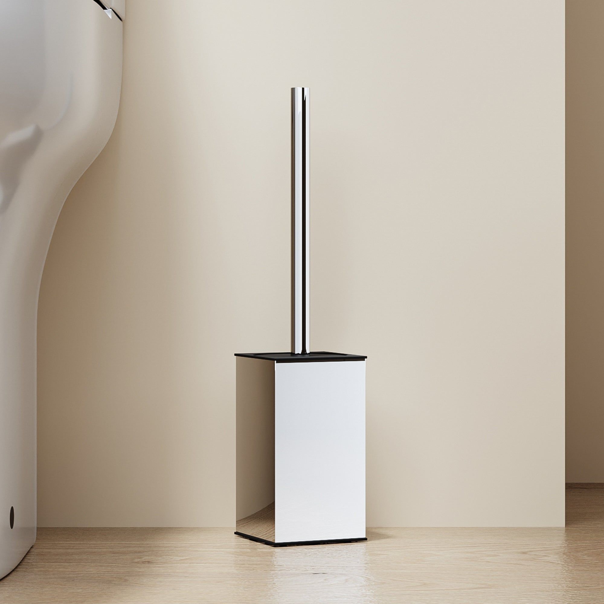 Brosse WC carrée chromée avec couvercle – Design moderne et hygiène
