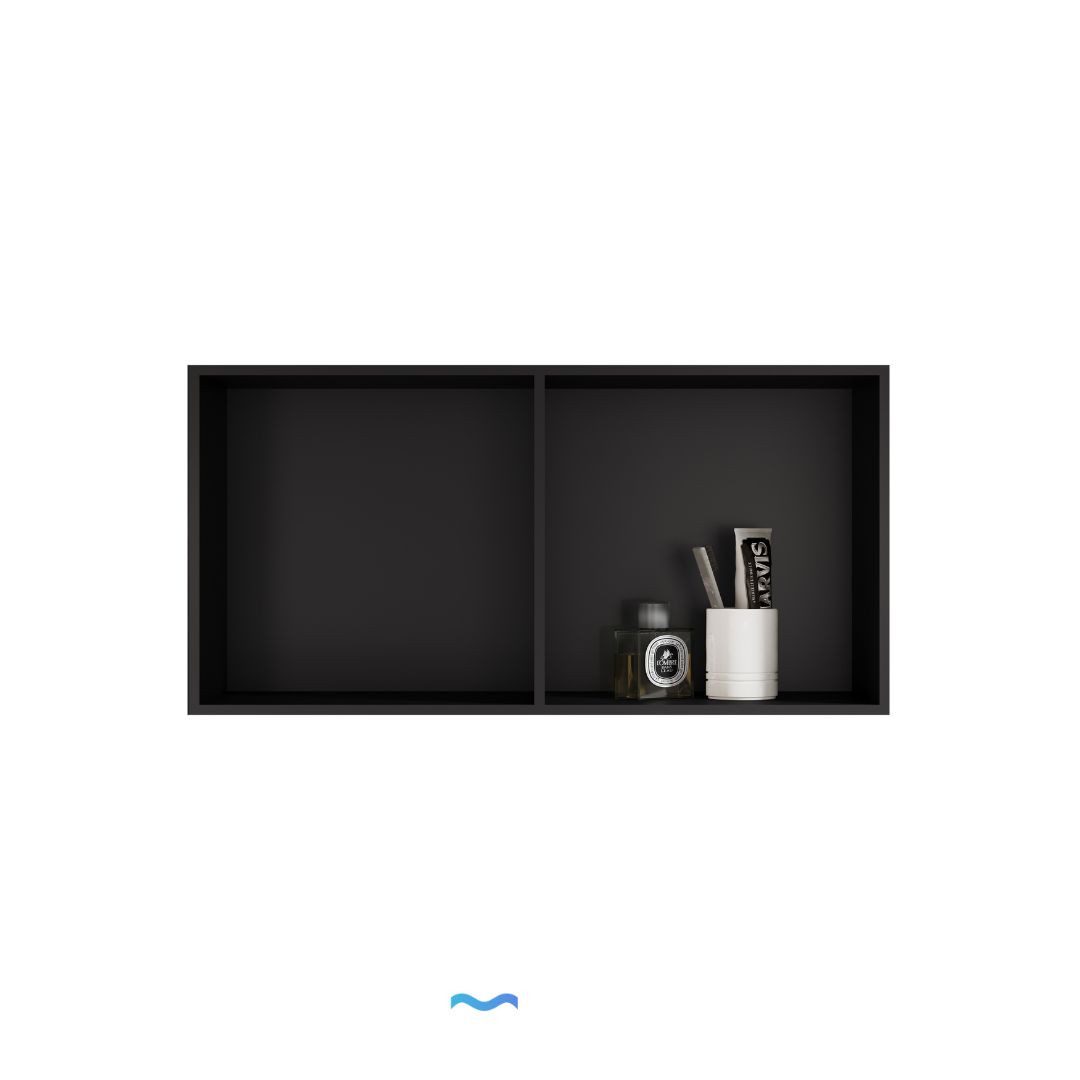 Niche de douche double noir 60x30x12cm : Niche de douche double noire, 60cm x 30cm x 12cm, avec porte-brosse à dents et produits de toilette.
