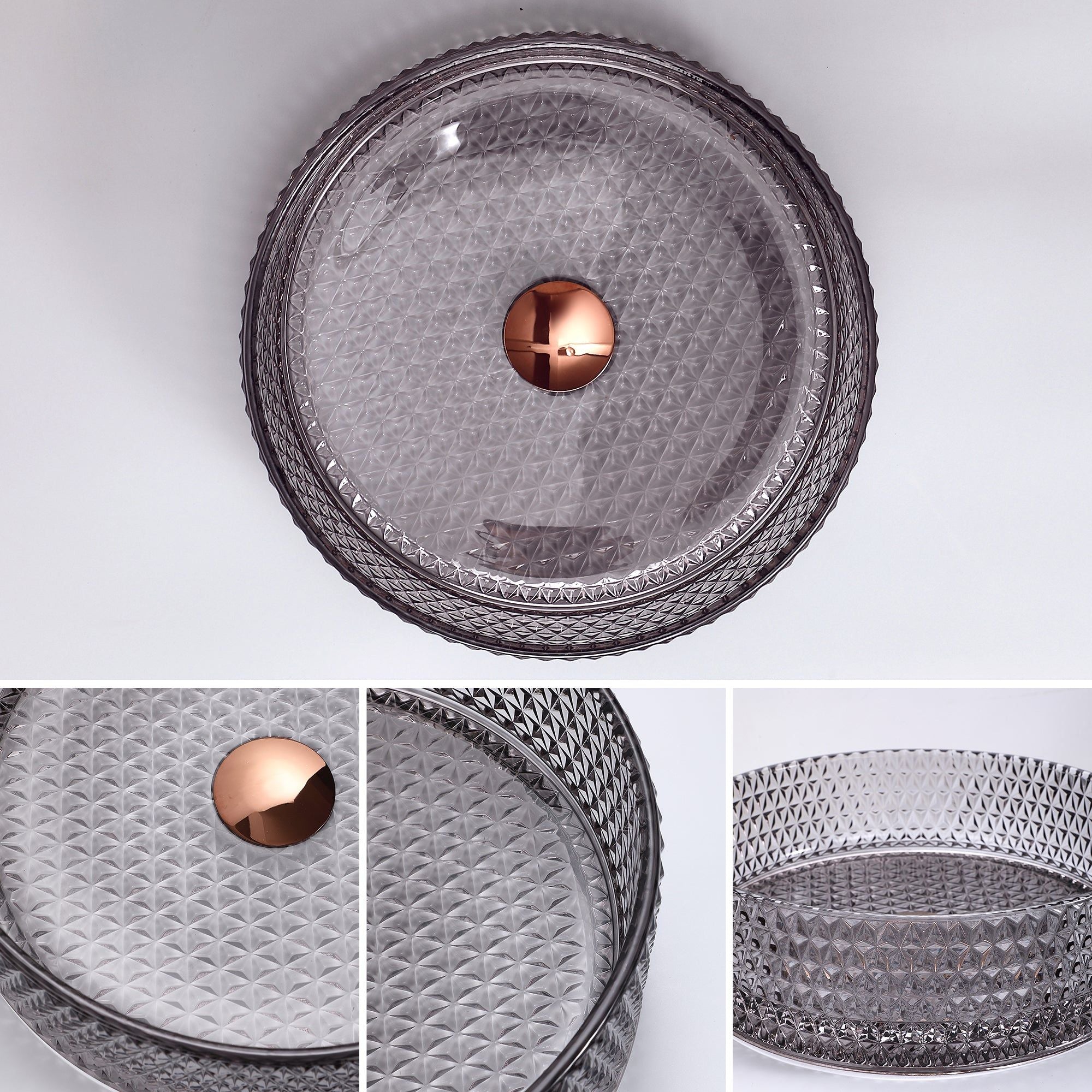 Vasque ronde en verre teinté noir (Ø 36 cm), ornée d'un motif géométrique et d'une bonde en cuivre. Élégante vasque de salle de bain.