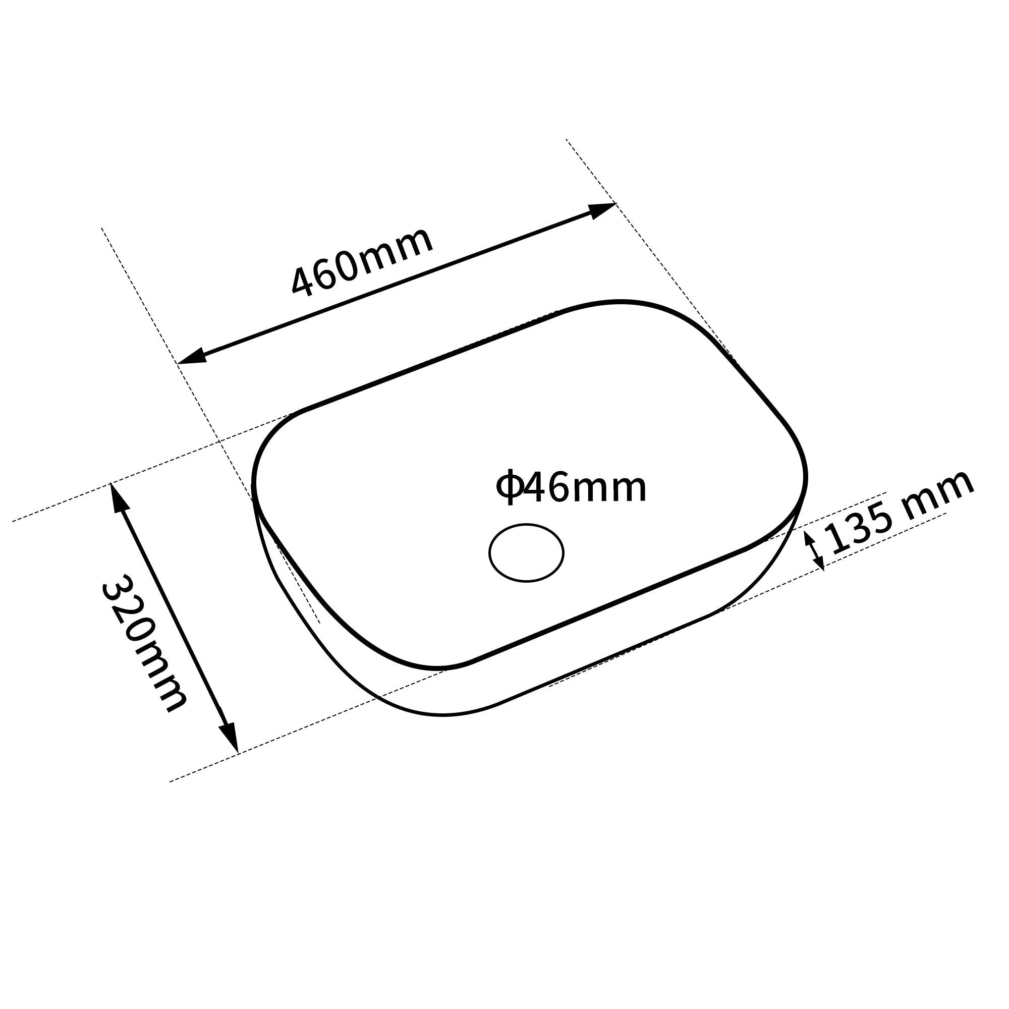 Vasque rectangulaire noir effet volcan (46 × 32 cm): Black volcanic rectangular sink, 46cm x 32cm, with 46mm drain.