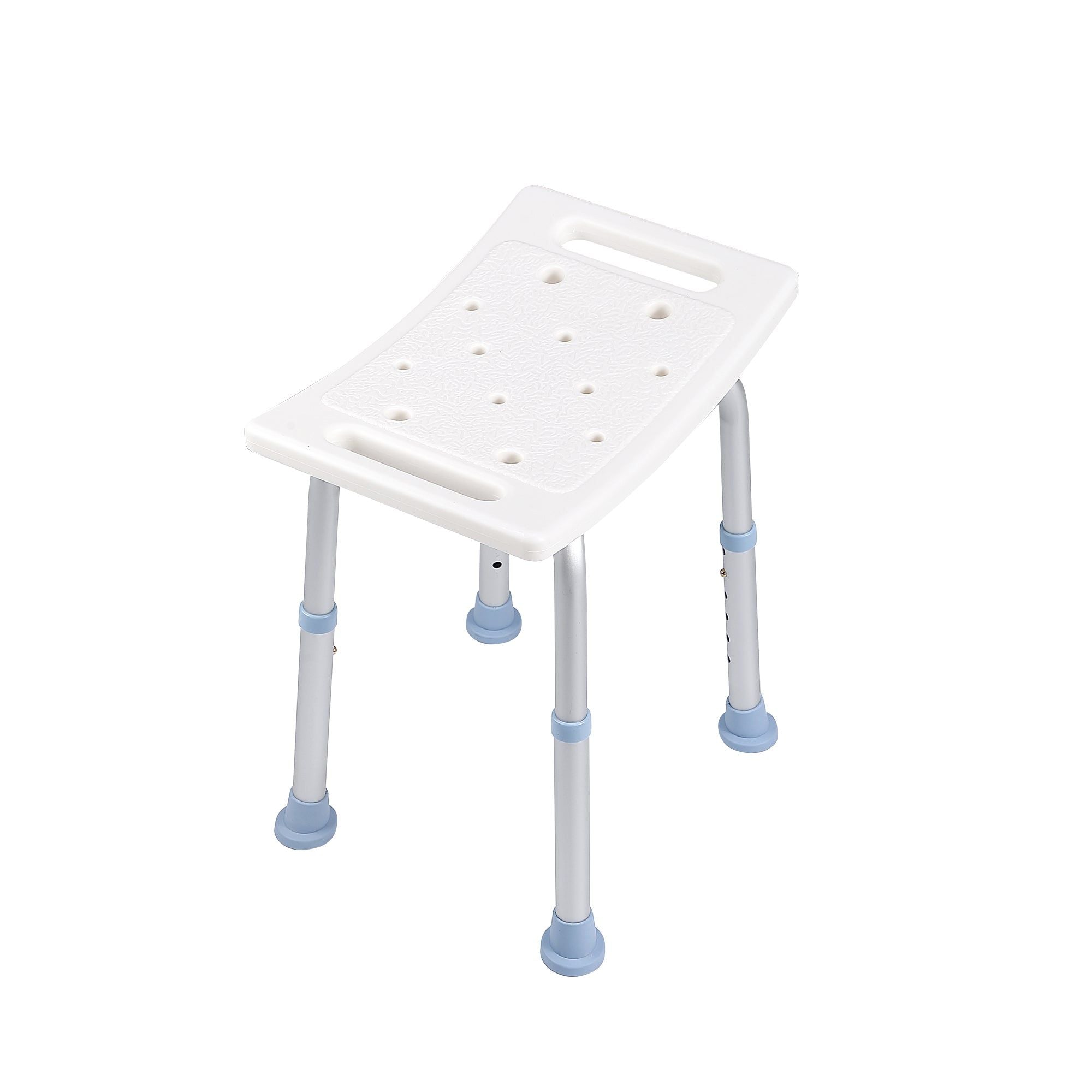 Chaise de douche réglable avec siège en plastique blanc et pieds en aluminium, idéale pour la sécurité de la salle de bain.