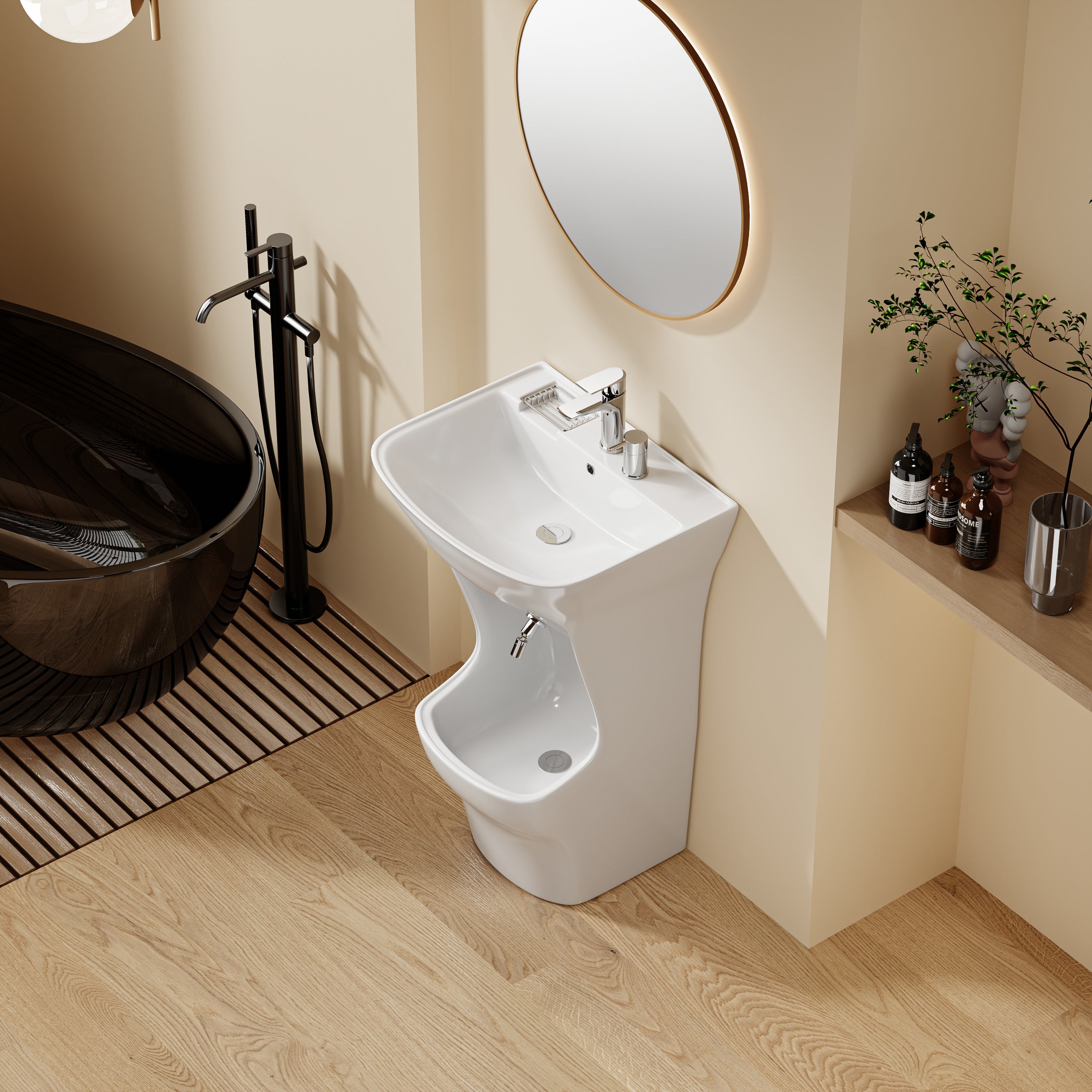 Lavabo d’ablutions Beyrouth blanc au design arrondi avec porte-savon intégré.