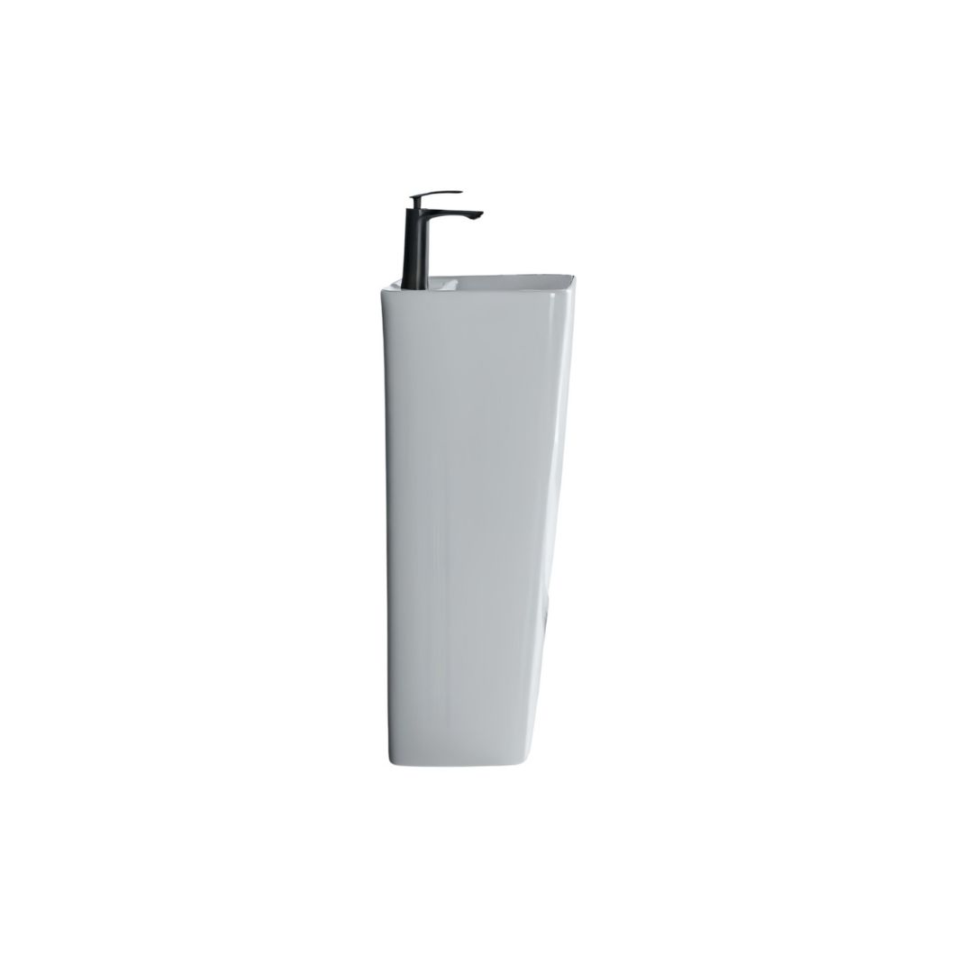 Lavabo Totem Blanc Carré : Lavabo sur colonne carré blanc moderne avec robinet noir