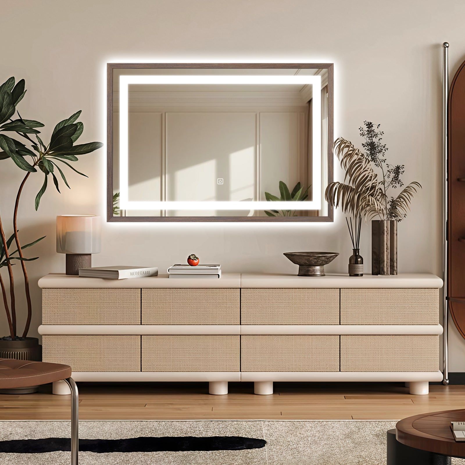 Miroir lumineux LED avec cadre bois Noyer foncé veinage naturel