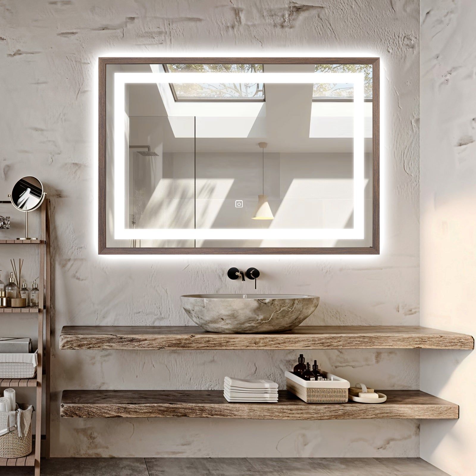 Miroir lumineux LED avec cadre bois Noyer foncé veinage naturel