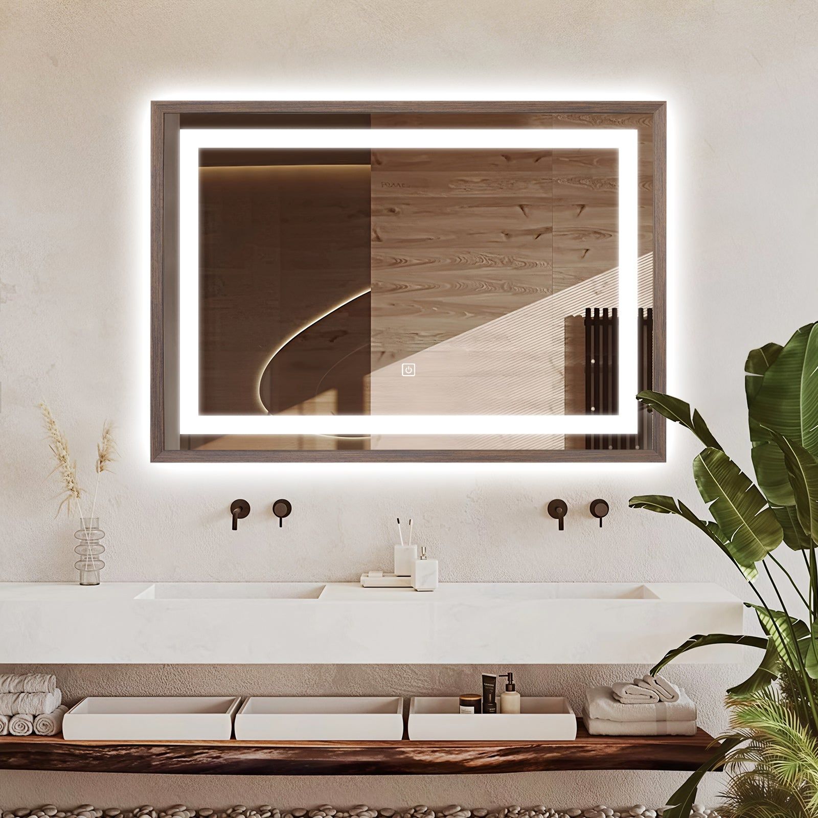 Miroir lumineux LED avec cadre bois Noyer foncé veinage naturel