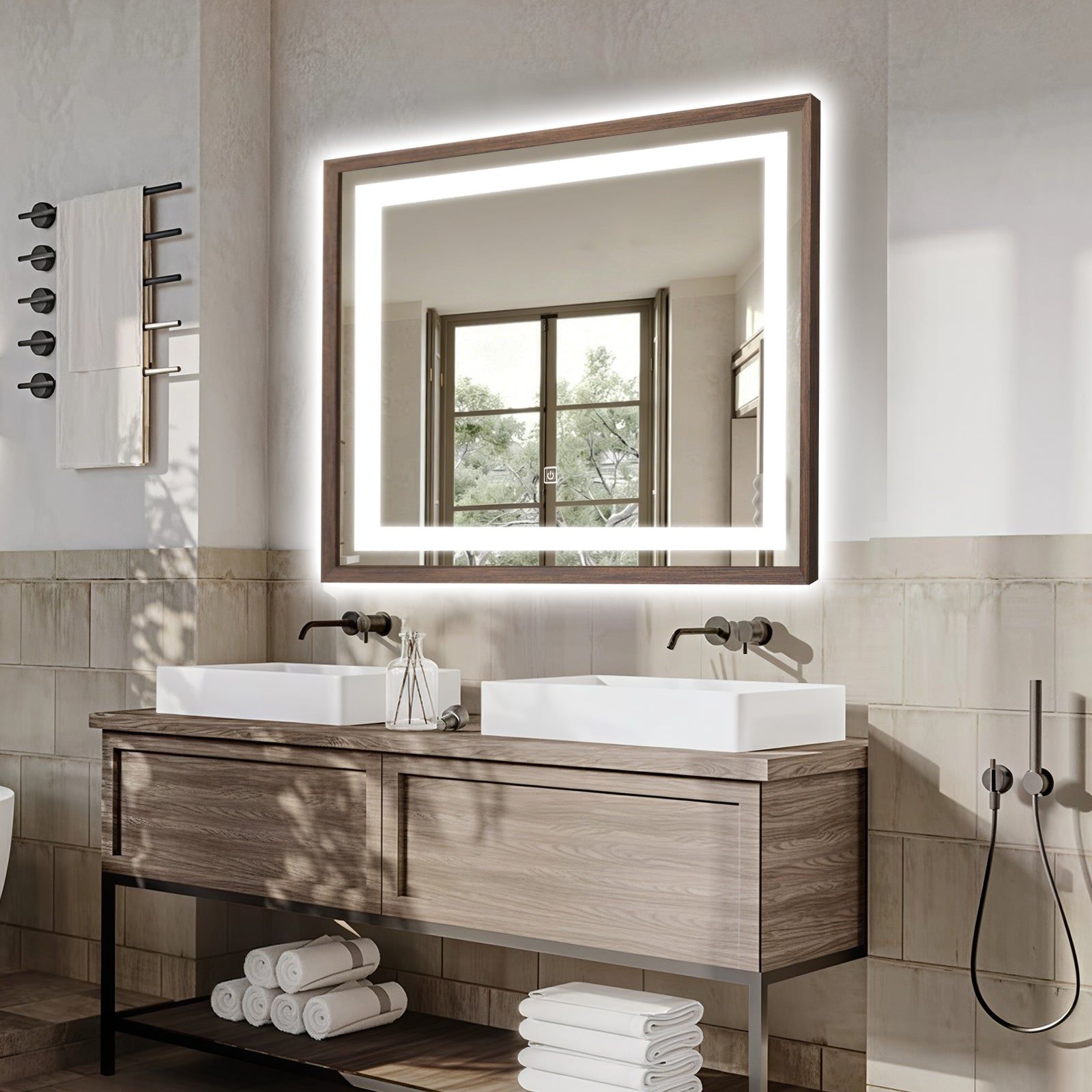 Miroir lumineux LED avec cadre bois Noyer foncé veinage naturel
