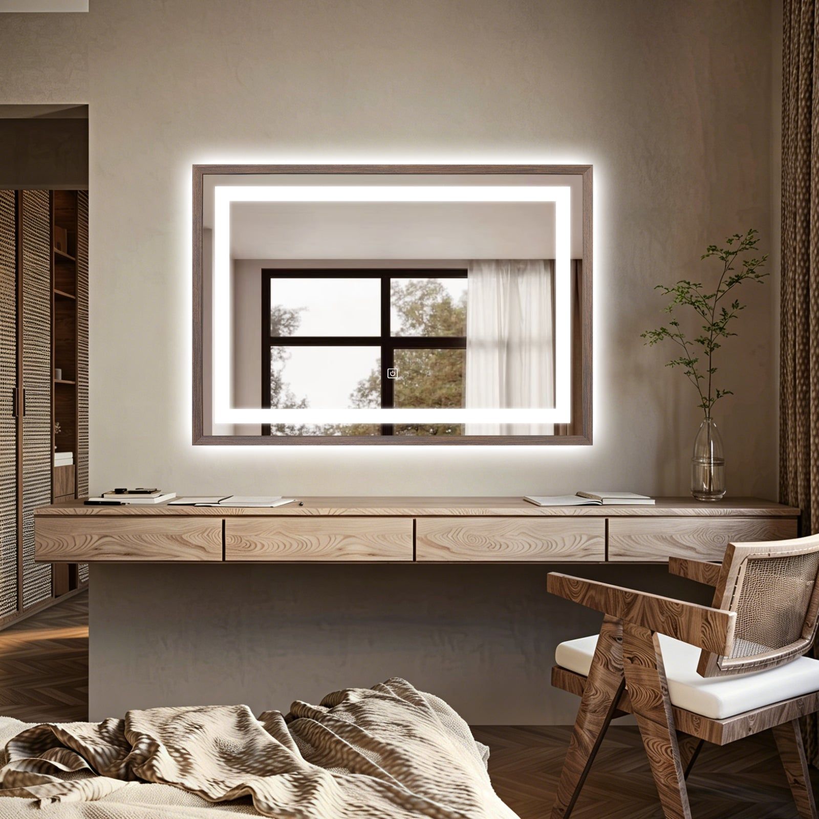 Miroir lumineux LED avec cadre bois Noyer foncé veinage naturel