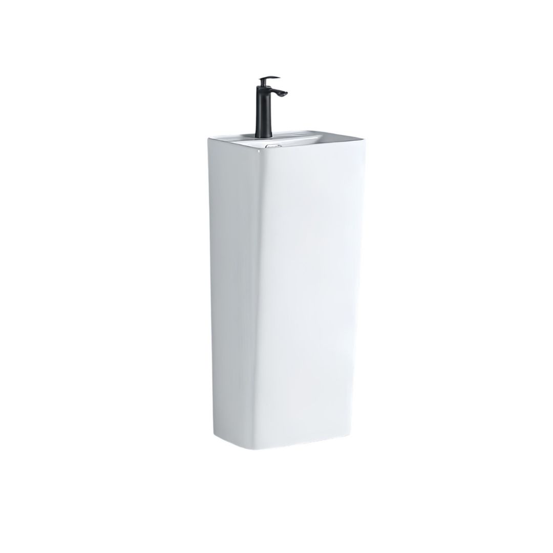 Lavabo Totem Blanc Carré : Lavabo sur colonne carré blanc moderne avec robinet noir