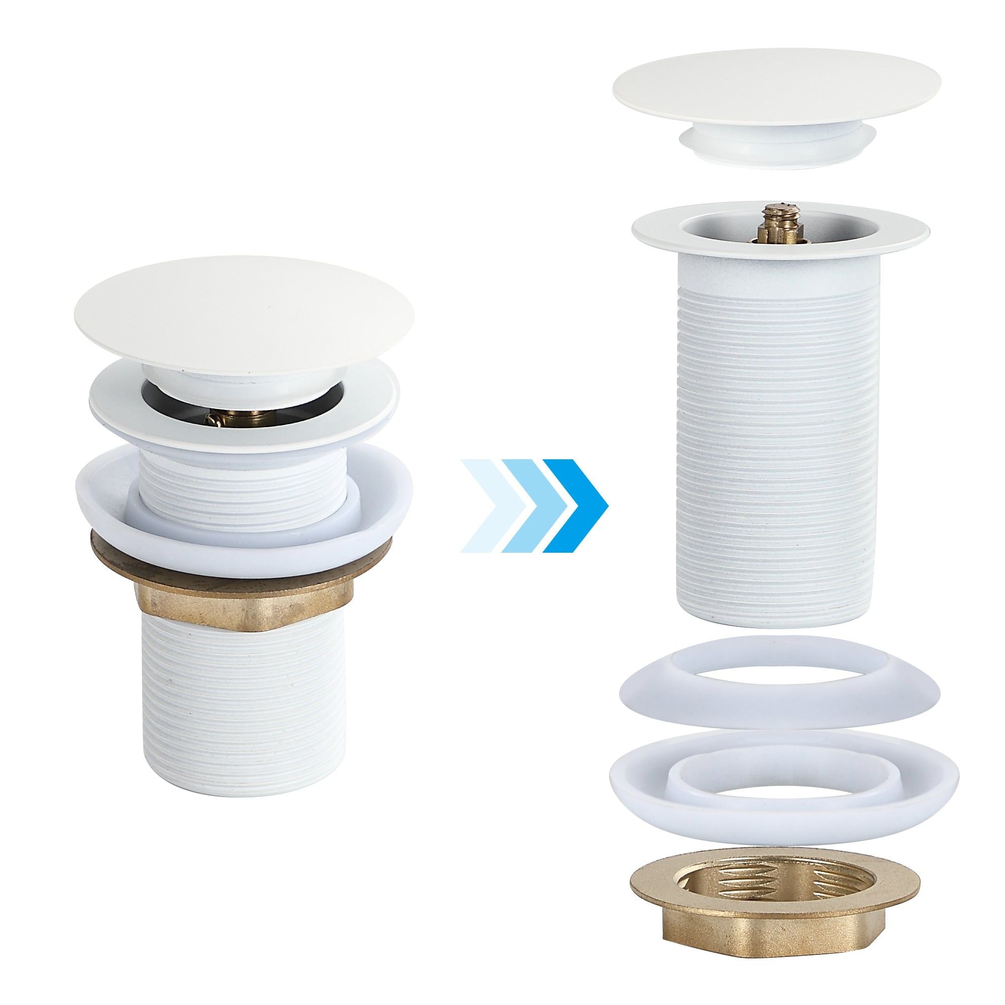 Bonde clic-clac blanche : Bonde de lavabo clic-clac blanche avec raccord en laiton, installation facile