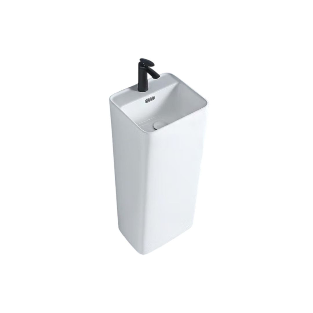 Lavabo Totem Blanc Carré : Lavabo sur colonne carré blanc moderne avec robinet noir