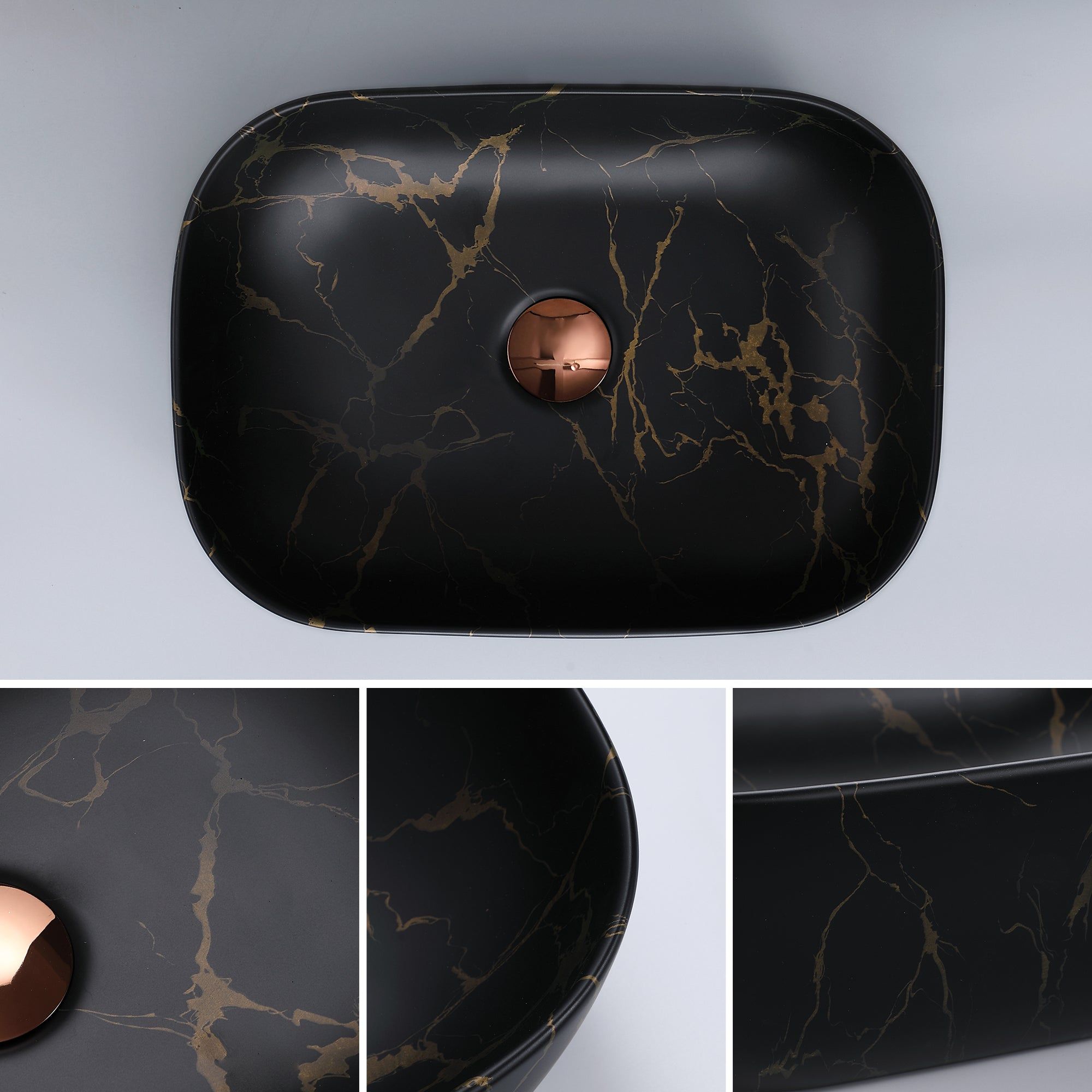 Lavabo rectangulaire noir effet volcanique (46x32cm) : Lavabo de salle de bain moderne avec veinures dorées