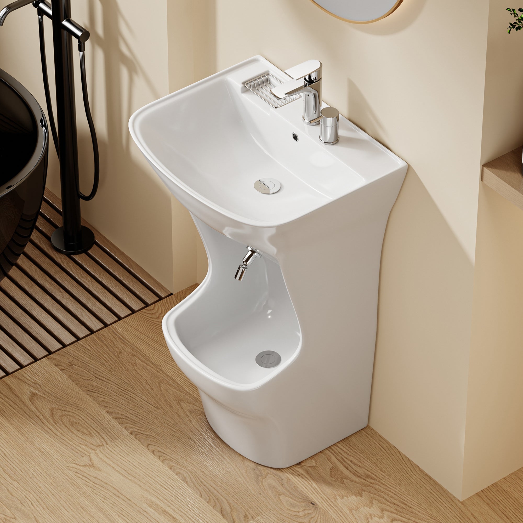 Lavabo d’ablutions Beyrouth blanc en céramique, design arrondi avec porte-savon intégré.