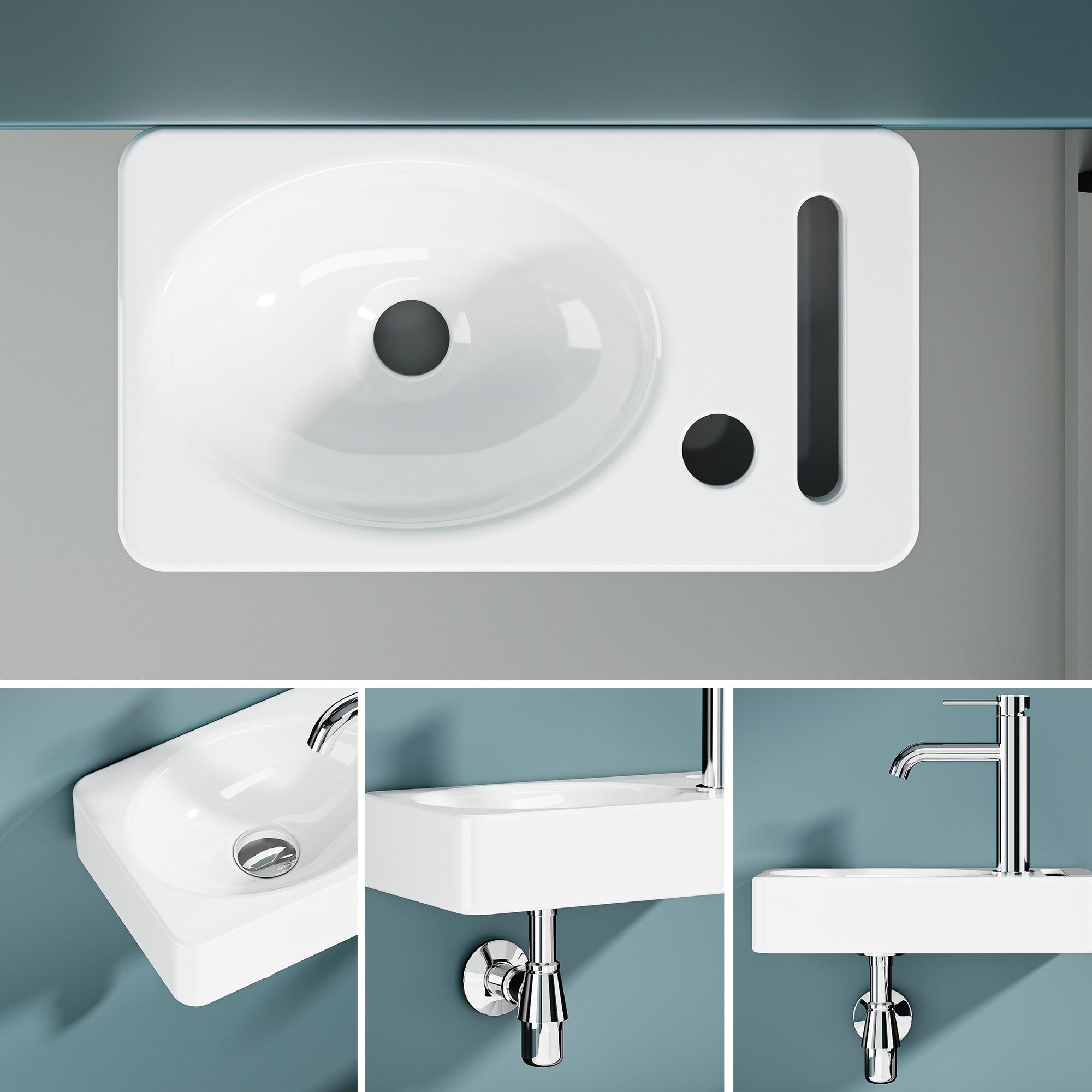 Lavabo mural en céramique blanche avec sortie droite et porte-serviette intégré, modèle PORTO.