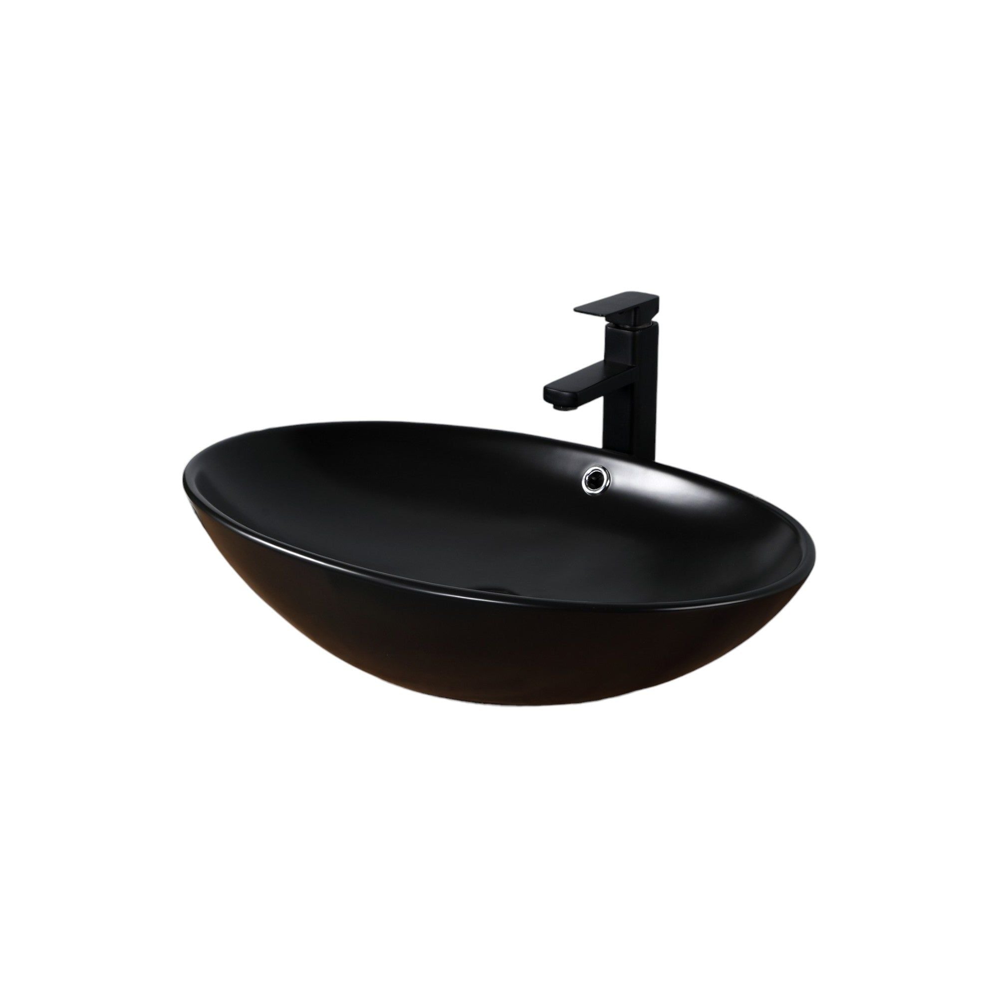 Vasque à poser Ovale Noir en céramique avec robinet noir. Élégante vasque de salle de bain.