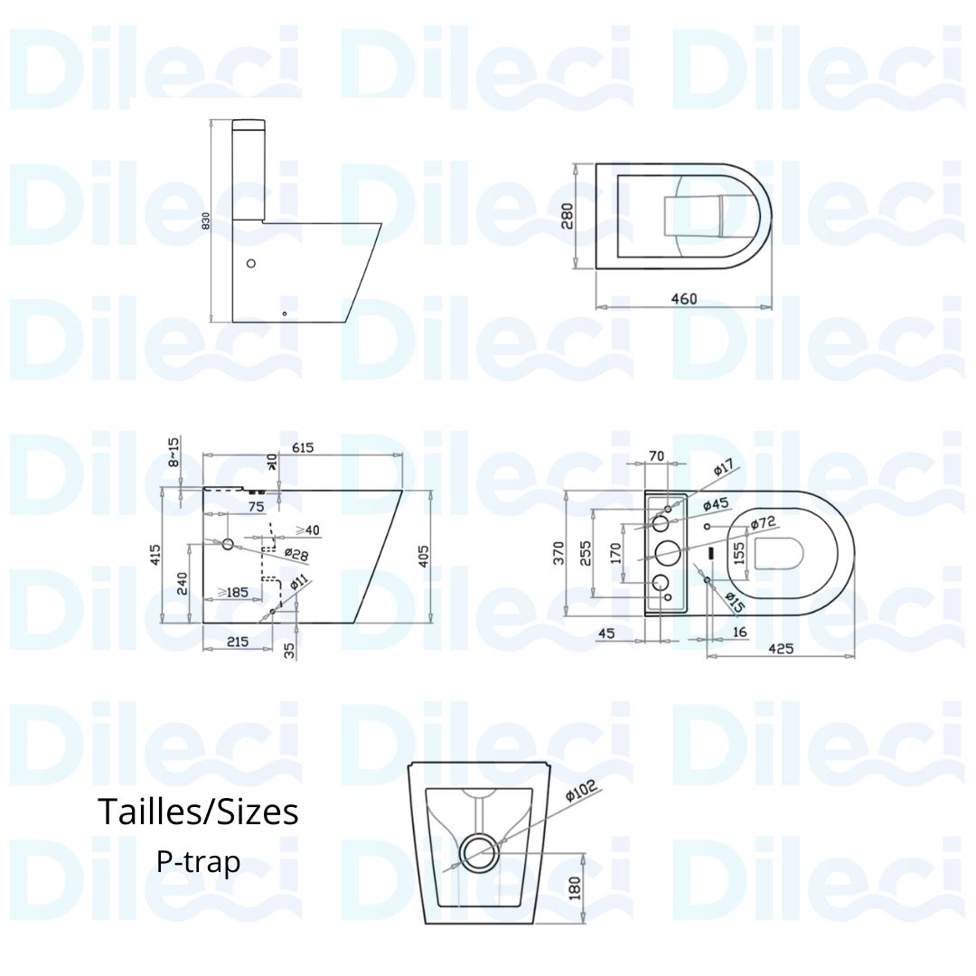 WC Noir Mat à poser : WC noir mat sur pied avec dimensions détaillées et schéma d'installation du siphon.