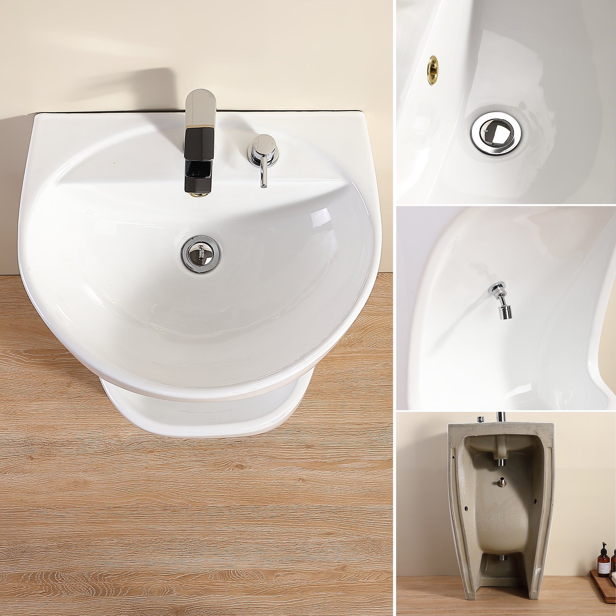 Lavabo d'ablutions Marrakech : Lavabo sur pied moderne en céramique blanche, à fixer au mur, idéal pour les salles de bains. Robinetterie chromée incluse.