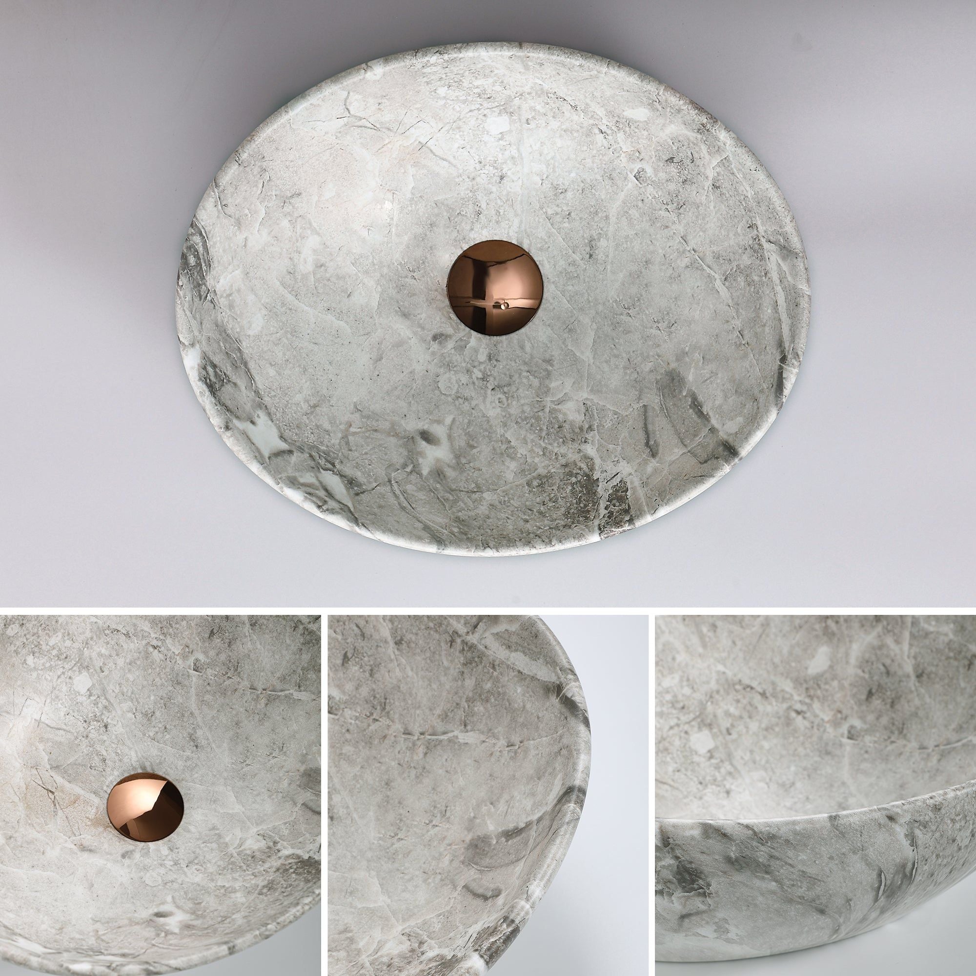 Vasque ovale effet pierre naturel: Elegant oval stone-effect sink (41.5x33.5x14.5cm), featuring a modern copper drain.
