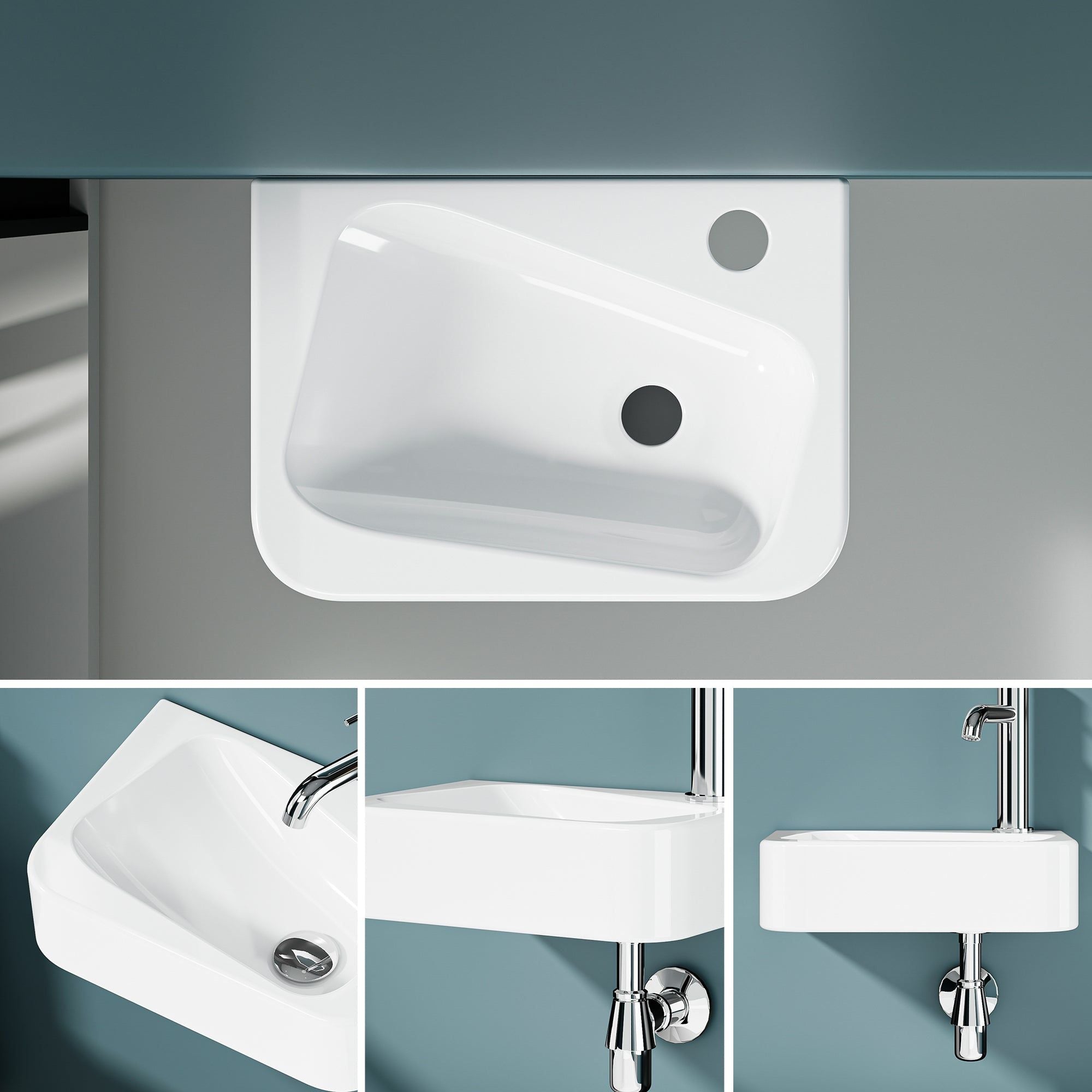 Lave-mains murale asymétrique blanc avec évacuation droite, vues de face, latérales et détails de fixation murale.