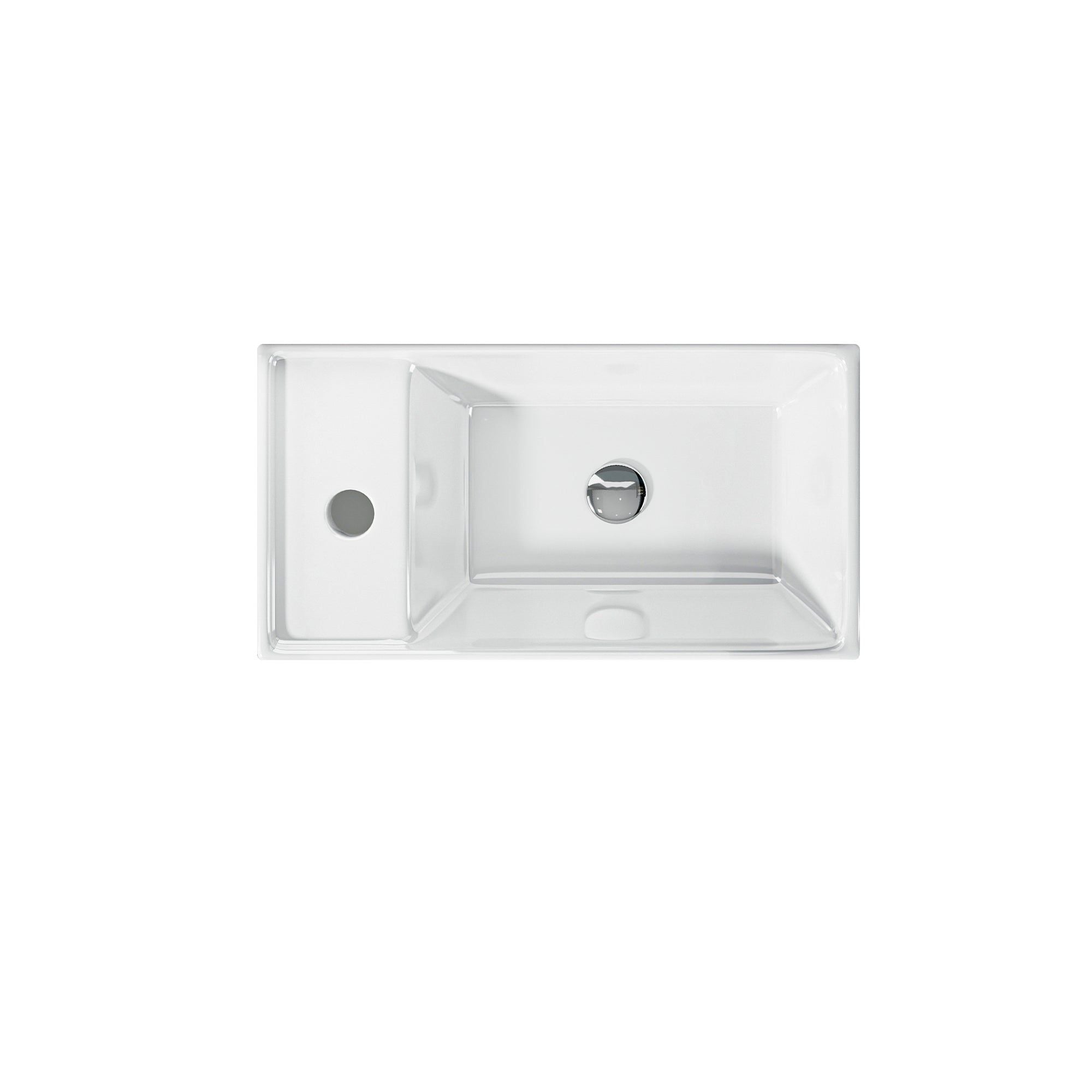 Lave-mains avec rebord sortie gauche : Lavabo mural contemporain en céramique blanche (41,5x22x10cm) avec étagère intégrée.