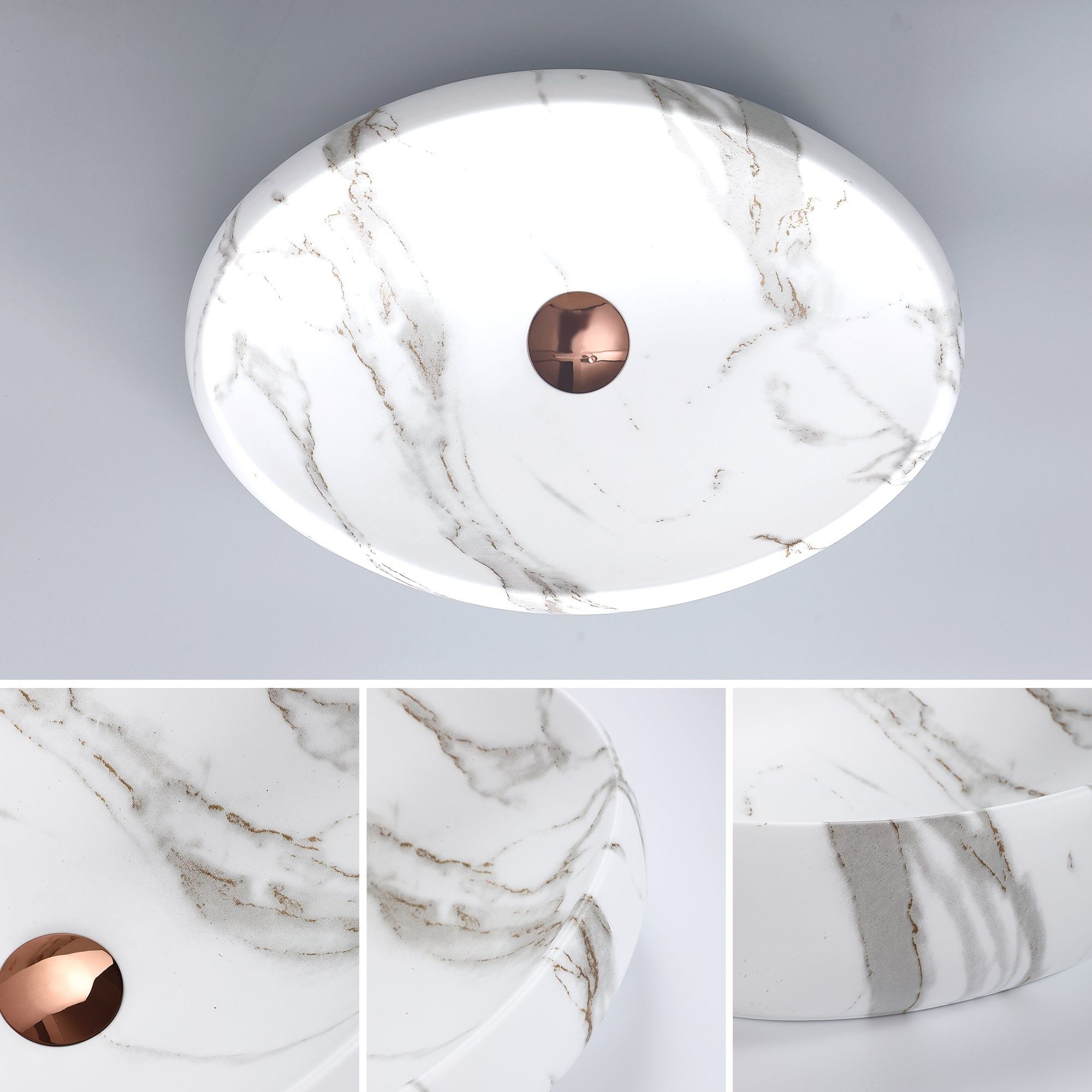 Lavabo ovale effet marbre blanc (48x35cm), vasque de salle de bain moderne avec bonde en or rose