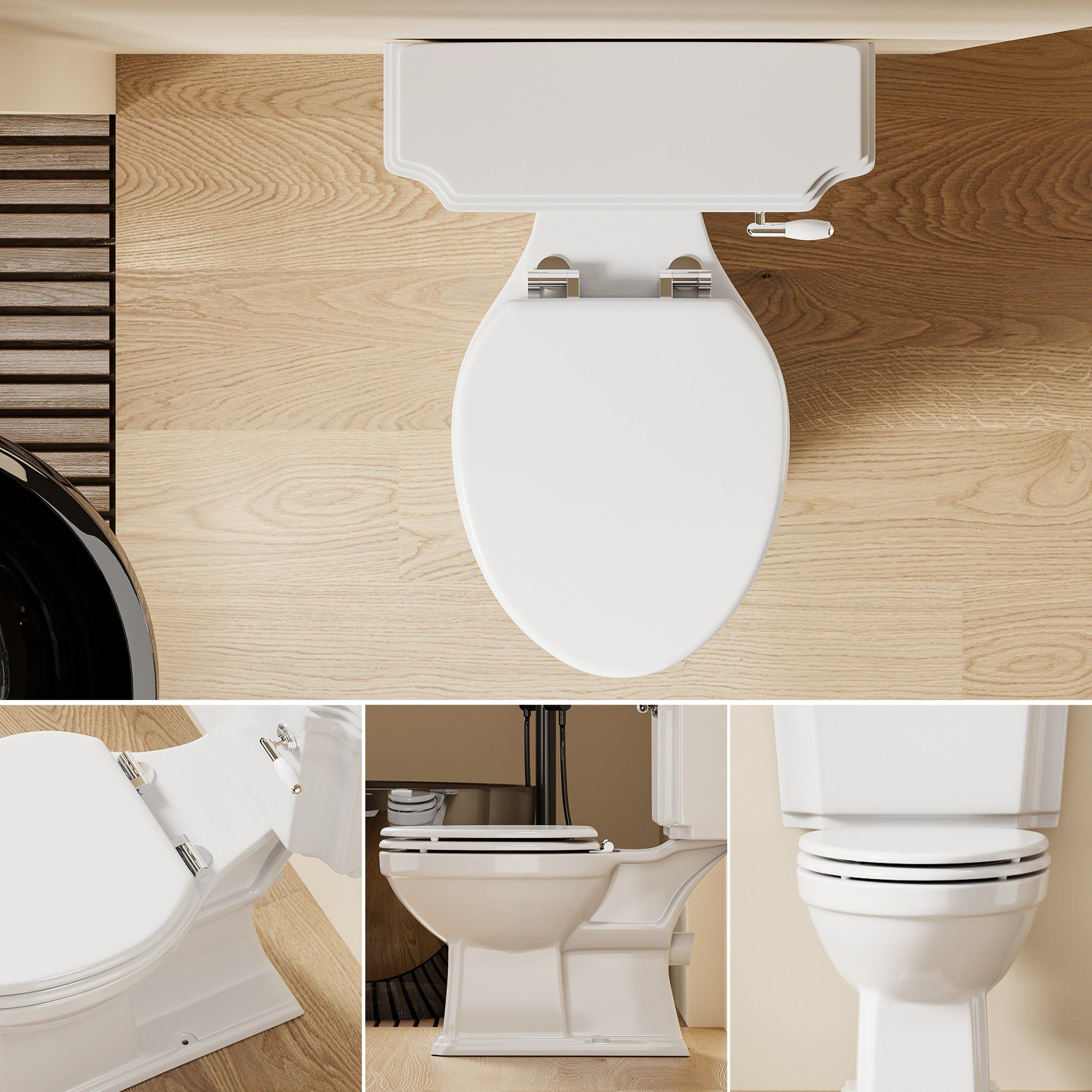 WC Victoria : toilettes sur pied au style rétro victorien, blanches, avec abattant assorti.