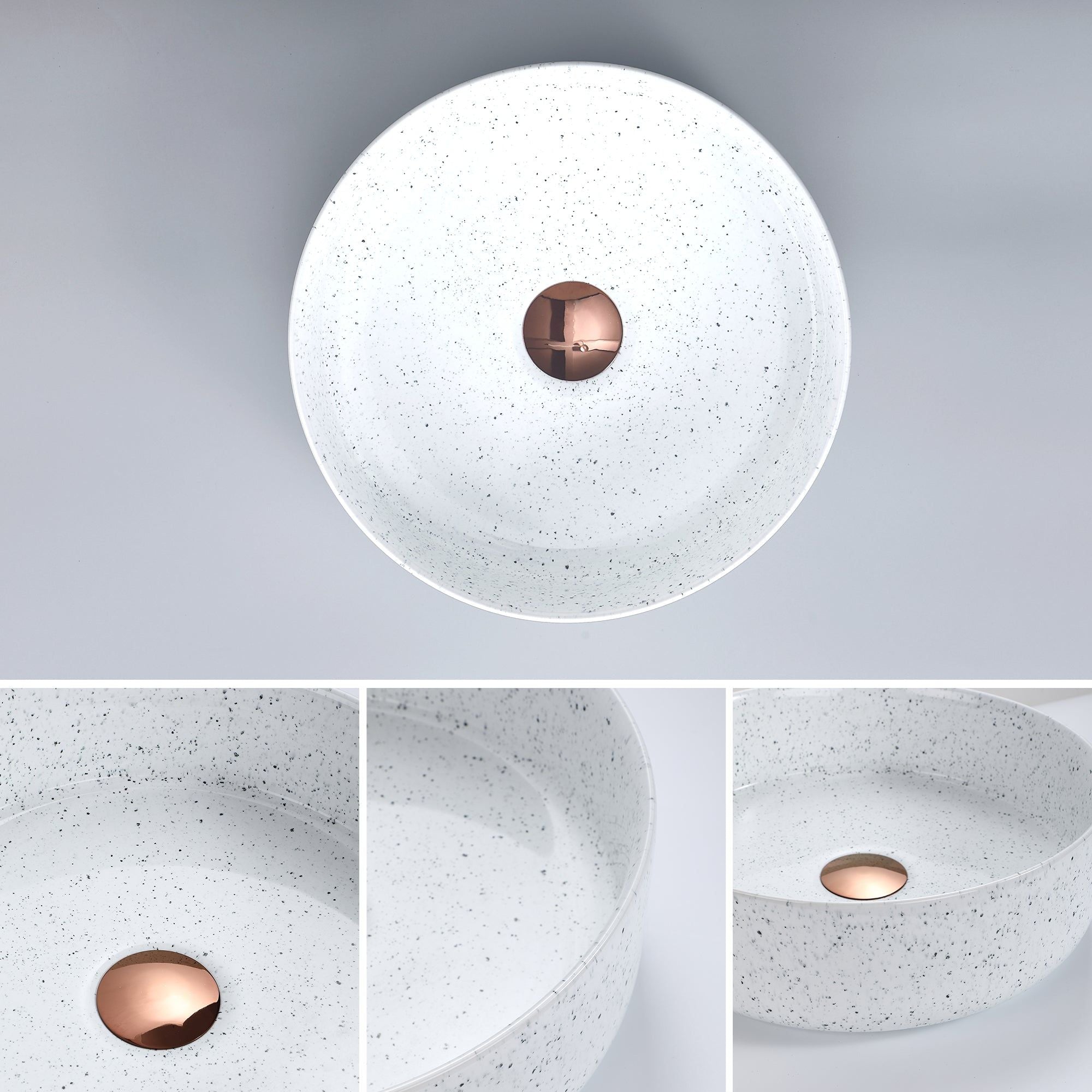 Vasque ronde mouchetée blanche (36x36cm), lavabo de salle de bain moderne avec bonde en cuivre