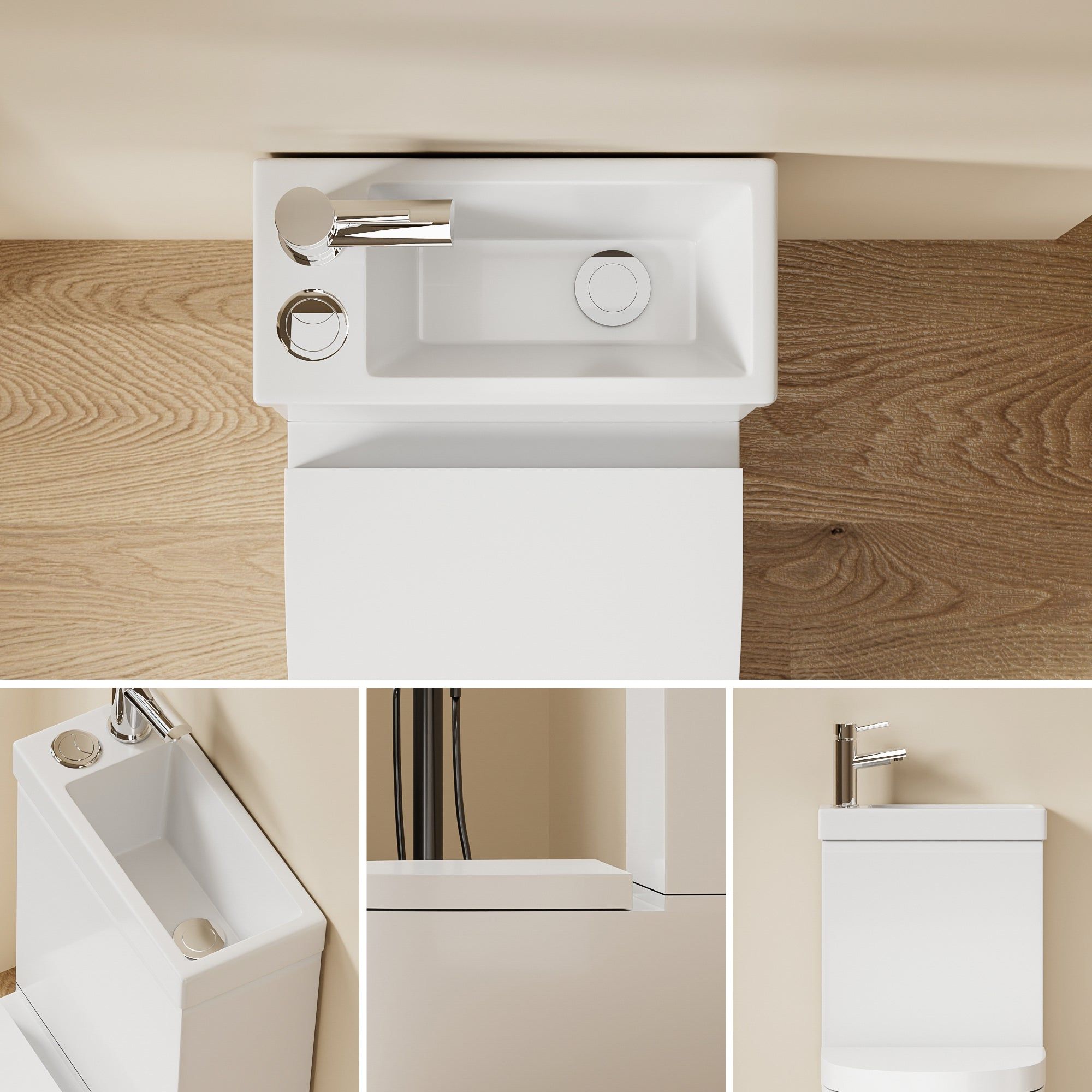 WC 2 en 1 Blanc : Ensemble WC et lavabo blanc moderne et compact au design arrondi. Robinetterie chromée et lavabo intégré.
