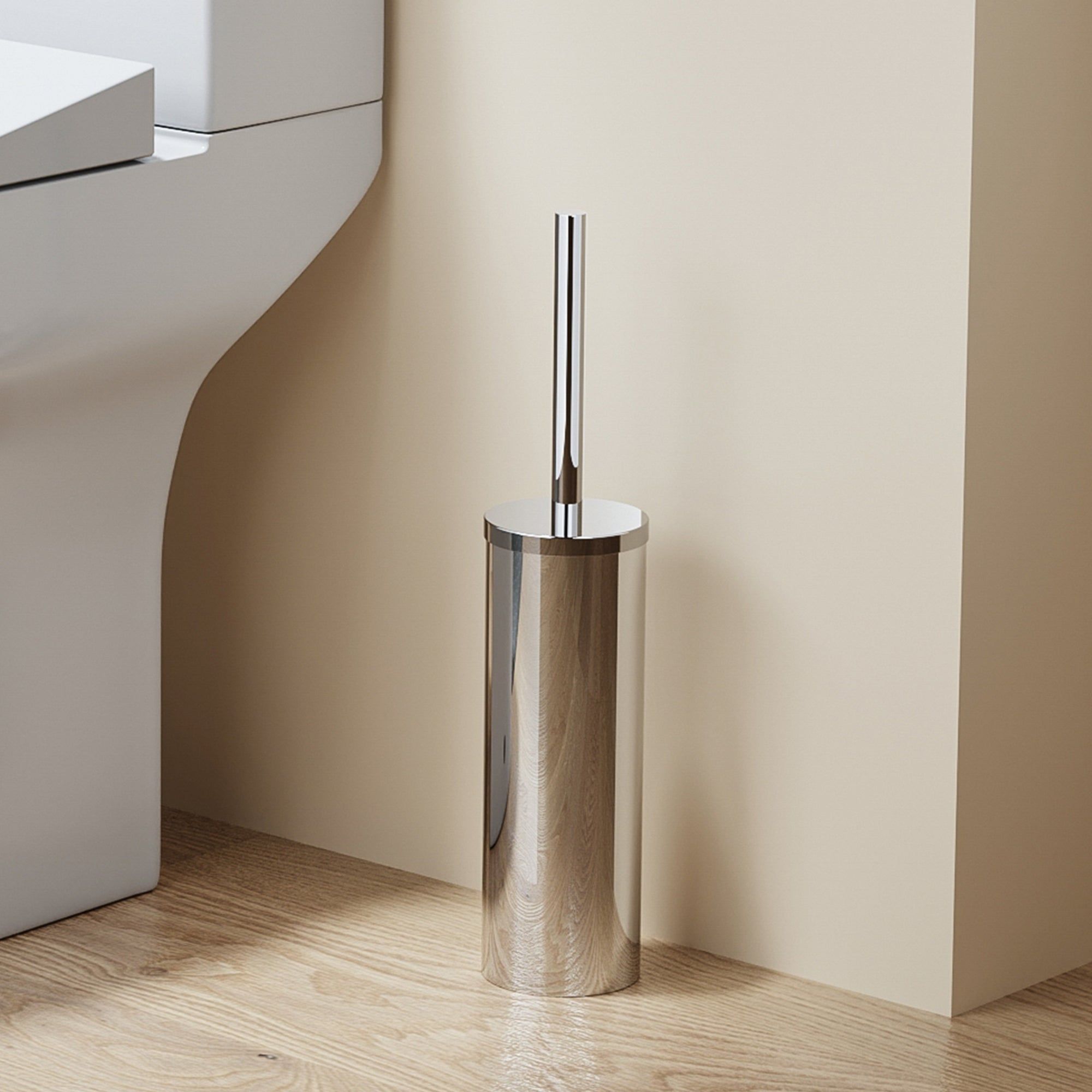 Brosse WC ronde design en acier inoxydable chromé avec couvercle
